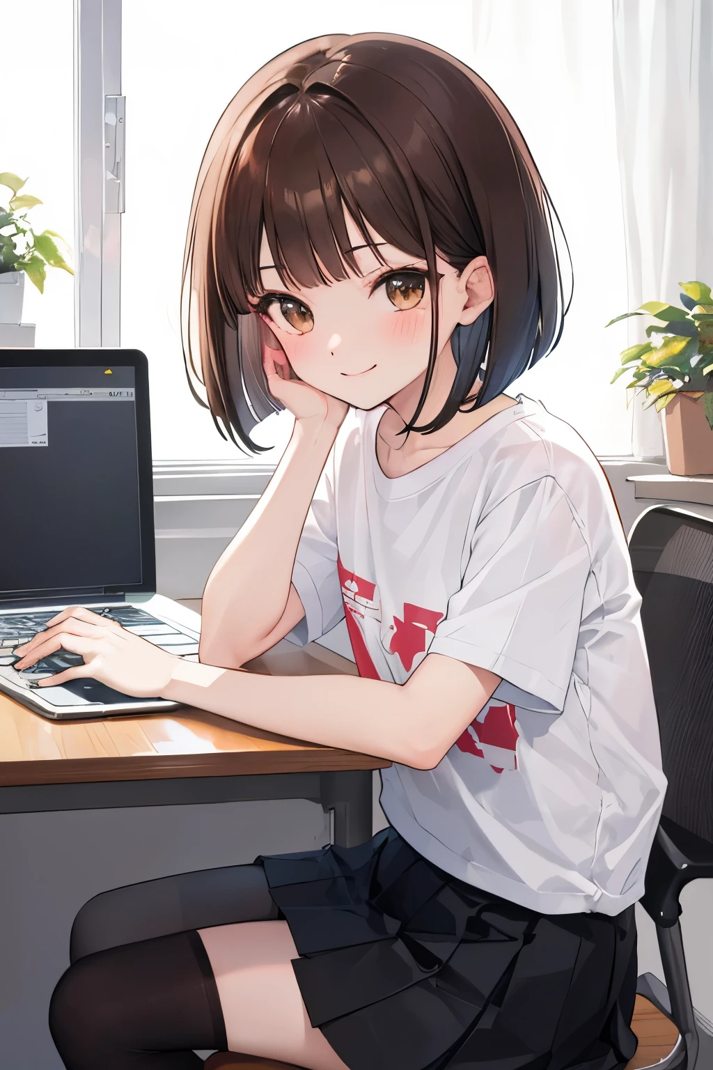 frame in, from right in front of face and body, view straight on, upper body, High quality, very high res, High quality, very high res, cute girl, brown hair, forehead, blunt bangs, bob cut, blush, Brushed up bangs, wearing a plain t-shirt, upright, pleated skirt, working on a laptop, sitting in a work chair, smile, leaning forward, at office