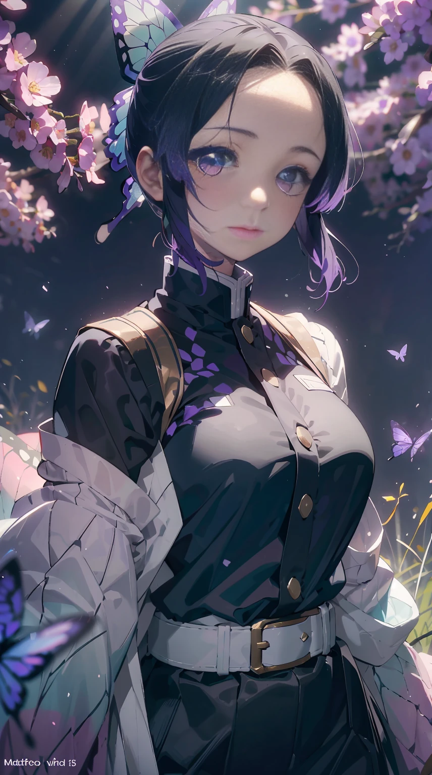 Ultra-realistic 8K CG，tmasterpiece，（（Ultra detailed backgrounds，delicate patterns，Complicated details）），Best quality at best，very vey very detailed face，very detailed eyes and faces，Very detailed eyes，Kochou Shinobu，O cabelo multicolorido，No bangs，hair intakes，Purple eye，Forehead，Black shirt，Black pantsuit，haori，butterflys，obi strip，（trpical garden：1.2），purple flower，mostly cloudy sky，rays of sunshine，Tyndall effect，Gradient_sky，the face，beautiful sky，Saber on the waist，captivating posture，（Large breasts:1.3)，（cleavage:1.3)，（Off-the-shoulder attire:1.5)