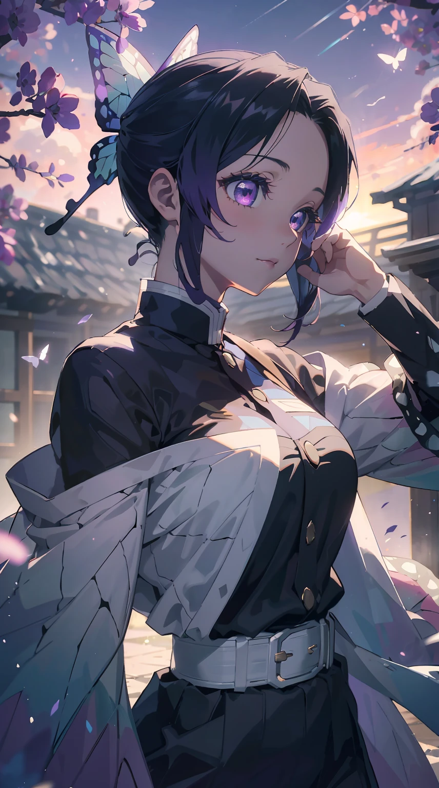 Ultra-realistic 8K CG,tmasterpiece,((Ultra detailed backgrounds,delicate patterns,Complicated details)),Best quality at best,very vey very detailed face,very detailed eyes and faces,Very detailed eyes,Kochou Shinobu,O cabelo multicolorido,No bangs,hair intakes,Purple eye,Forehead,Black shirt,Black pantsuit,haori,butterflys,obi strip,(trpical garden:1.2),purple flower,mostly cloudy sky,rays of sunshine,Tyndall effect,Gradient_sky,the face,beautiful sky,Saber on the waist,captivating posture,(Large breasts:1.3),(cleavage:1.3),(Off-the-shoulder attire:1.5)
