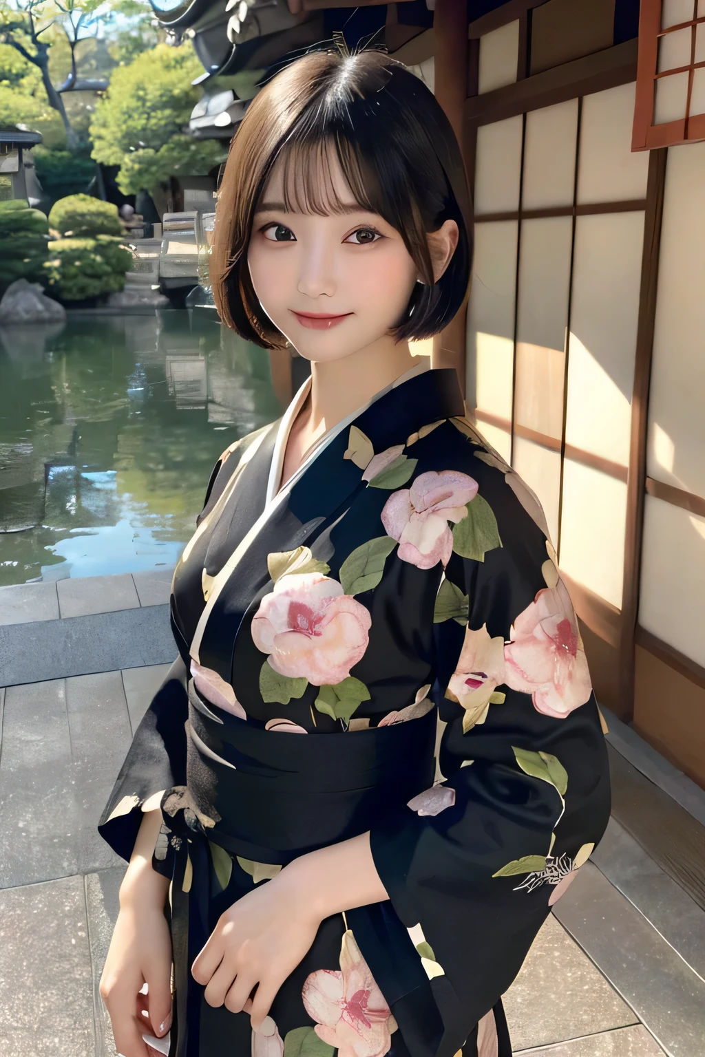 (surreal), (enlightenment), (High resolution), (8k), (very detailed), (The best enlightenmentns), (fine and beautiful eyes), (highest quality), (Super detailed), (masterpiece), (wallpaper), (detailed face), (Beautiful smile)、(beautiful expression)、(black haired)、(short bob cut hair)、 face turned to the side、black eye、alone、(((cute japanese girl)))、  ((Beautiful Japanese girl 20 years old))、、((baby face))、 (((slender body)))、 ((I wrote it all over))、(The whole body is reflected)、、yukata