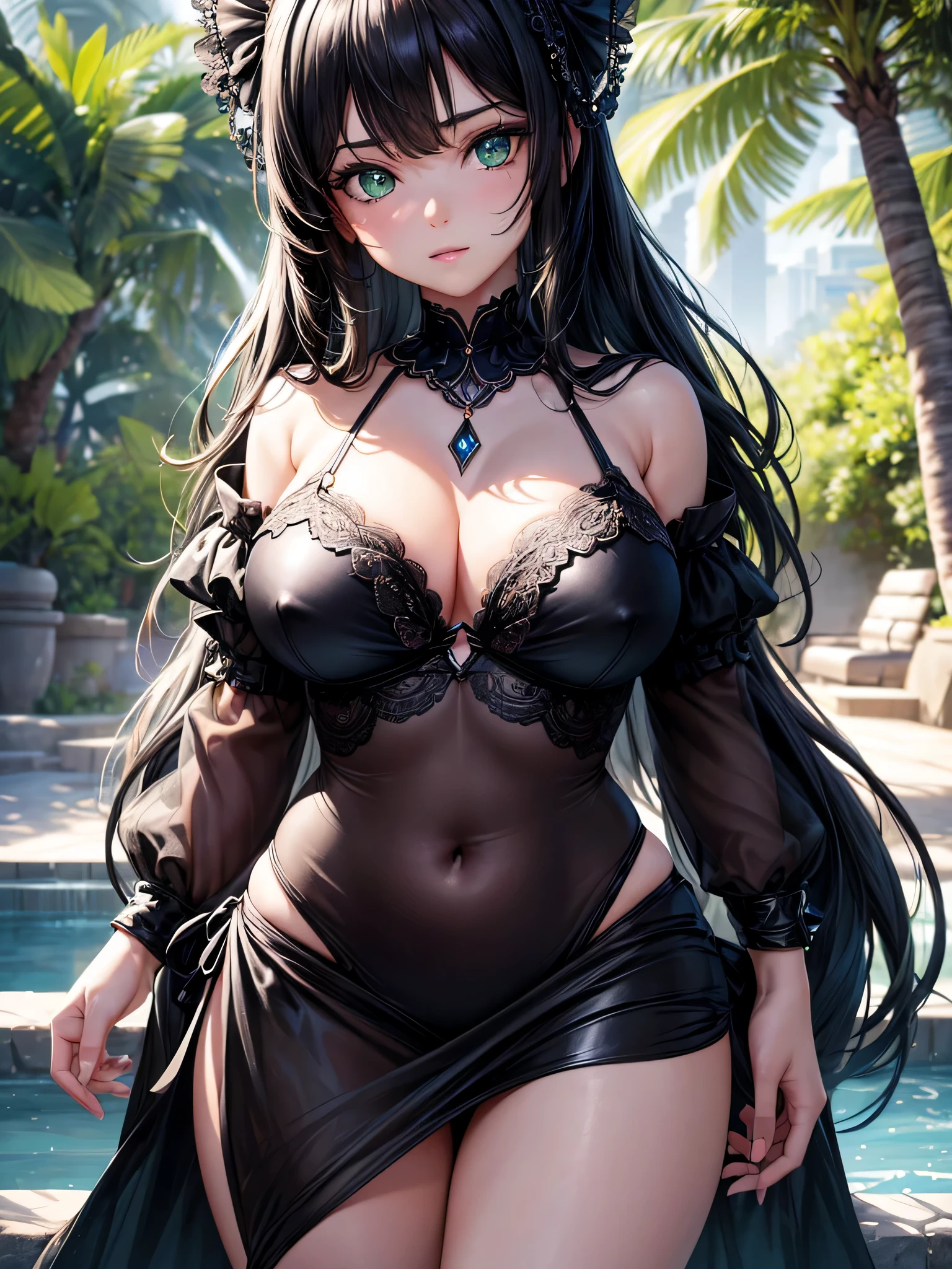 ((4k, 8k, high detail, high quality)), (realistic, masterpiece), 1girl, ((delicate face, detailed irises, huge green eyes)), (3D render, Unity render, 3D CG), volumetric lighting, bloom, sun rays, ((extremely cute, young girl, black hair, large breasts, wide hips, athletic, tiny waist)); frilly, lacey, black bikini; shiny skin, sexy pose, posing for camera, looking away from viewer
