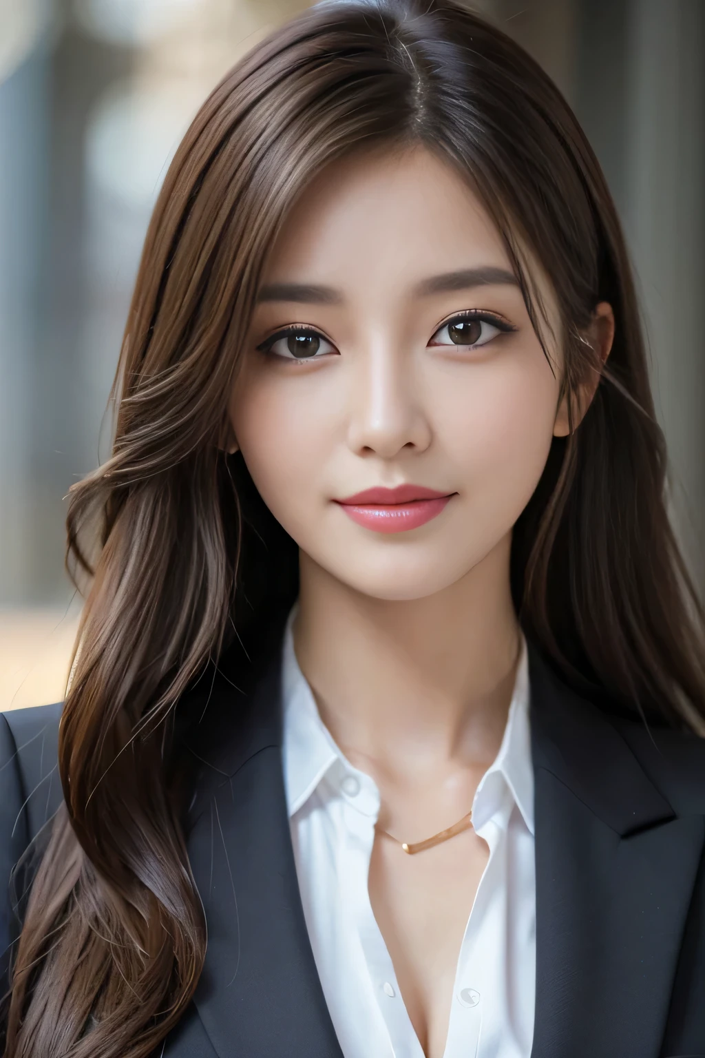 table top、highest quality、genuine、Super detailed、finely、High resolution、8k wallpaper、one beautiful woman、、、light brown disheveled hair、wearing a business suit、sharp focus、perfect dynamic composition、beautiful and detailed eyes、thin hair、詳細なgenuineな肌の質感、smile、close-up portrait、model body shape