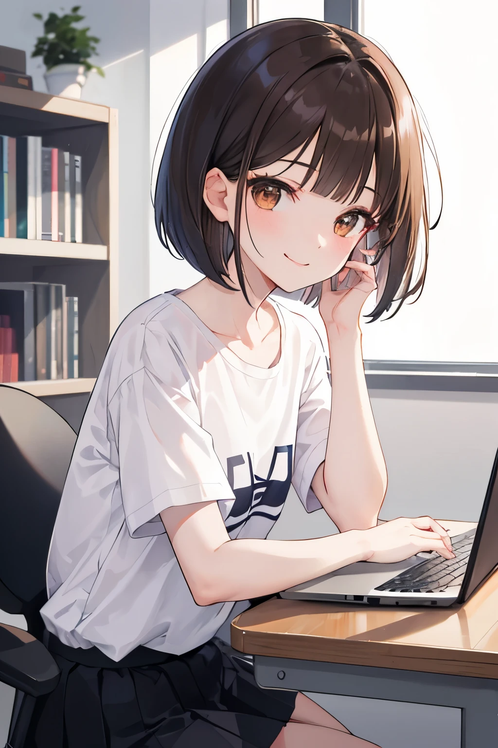 frame in, from right in front of face and body, view straight on, upper body, High quality, very high res, High quality, very high res, cute girl, brown hair, forehead, blunt bangs, bob cut, blush, Brushed up bangs, wearing a plain t-shirt, upright, pleated skirt, working on a laptop, sitting in a work chair, smile, leaning forward, at office