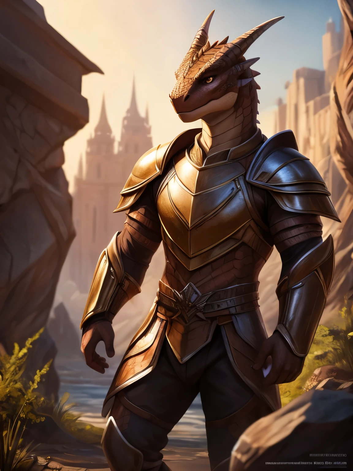 (by pixelsketcher:0.6), (by personalami :0.6), solo,male,boy, dragon,scale, lizard, detailed background, (cinematic lighting:1.1), (perfect focus:1.1), 8k hd, photo, (detailed eyes:1.2),depth of field, bokeh, subsurface scattering, wide angle,(armor,metalic amor),bright colors, (furry detail:1.3), simple background, single color background,white background, realistic, photorealistic, ultra realistic,(tail,short tail),((Brown scales,Brown skin)), Brown eyes, beautiful brown eyes, detailed eyes,sexy legs,