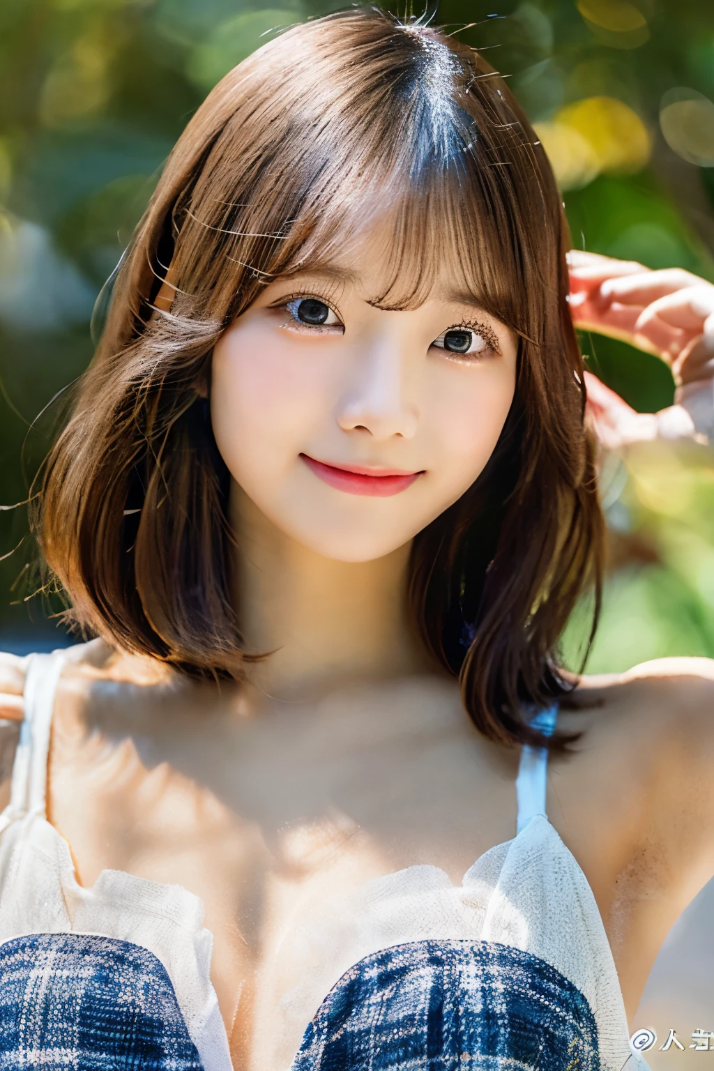 (8K, Photoreal, Raw photo, best image quality), Japanese high school girl、(random hairstyle)、cleavage、super detail face、eye for details、double eyelid、Beautiful woman、light brown hair、highest quality、masterpiece、超A high resolution、Shy Smile、thin、short haired、micro bikini、Beach