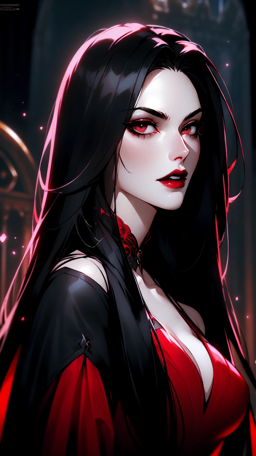{ - anatomy error}(Masterpiece - Ultra-detailed, very high resolution) portrait of vampire queen standing in dark, black hair, long hair, no pupils, no sclera, red lips, vampire fangs, castle indoors, moonlight, particles , backwards, looking back, dinamic poses