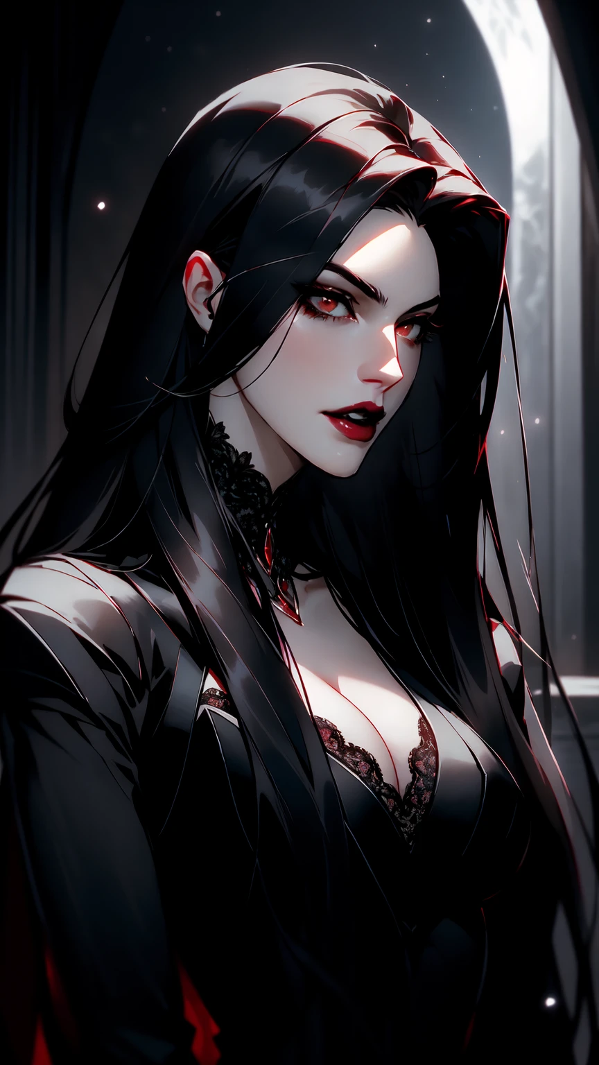 { -  error}(Masterpiece - Ultra-detailed, very high resolution) portrait of vampire queen standing in dark, black hair, long hair,  no pupils, no sclera, red lips, vampire fangs, castle indoors, moonlight, particles , backwards, looking back, dinamic poses
