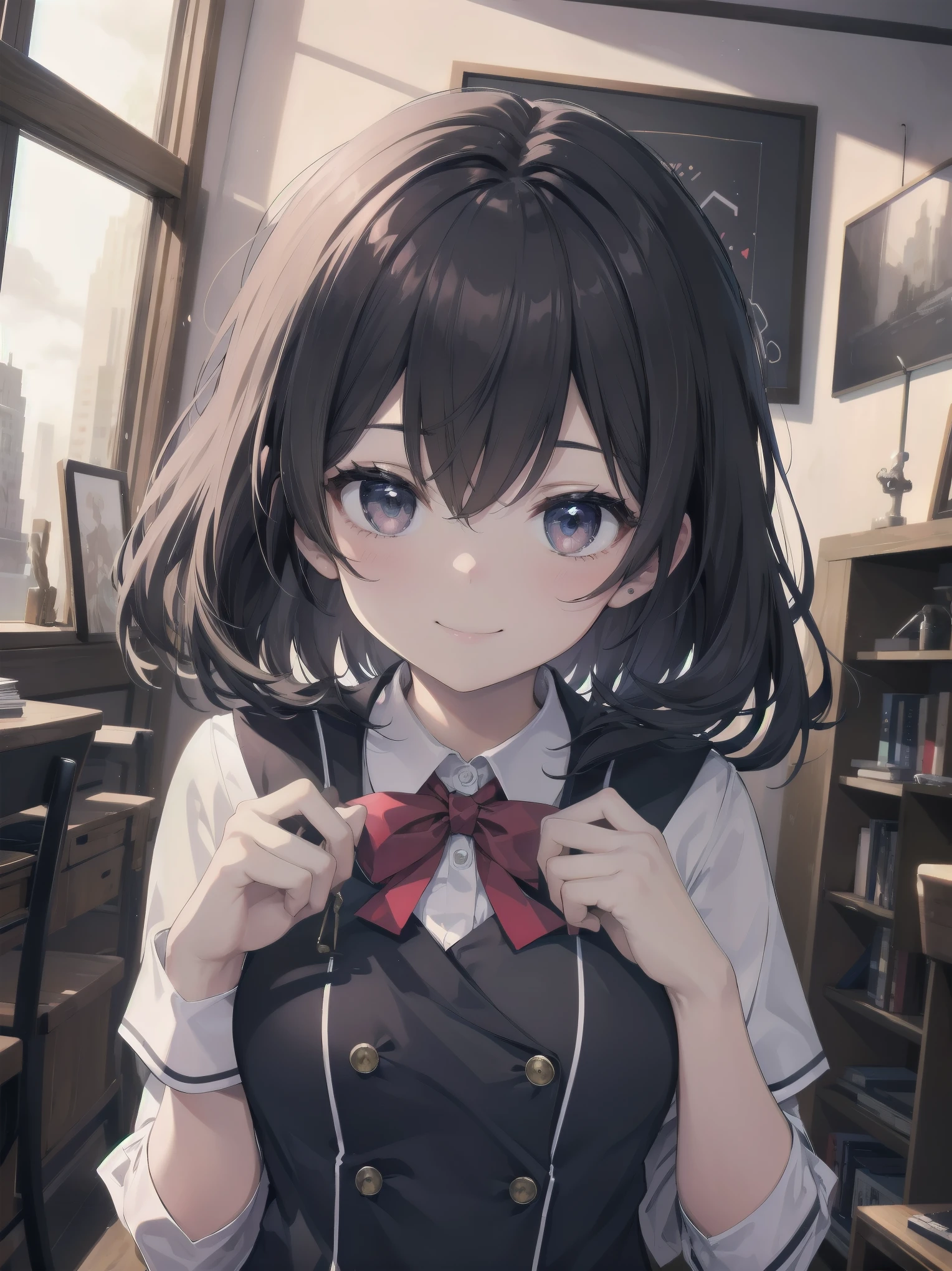 Enhanced dynamic perspective,cute cute beautiful girl,brand JK uniform,look at me and smile,simple background,works of masters,high quality,16K resolution,super fine,Accurate,cinematic lighting,