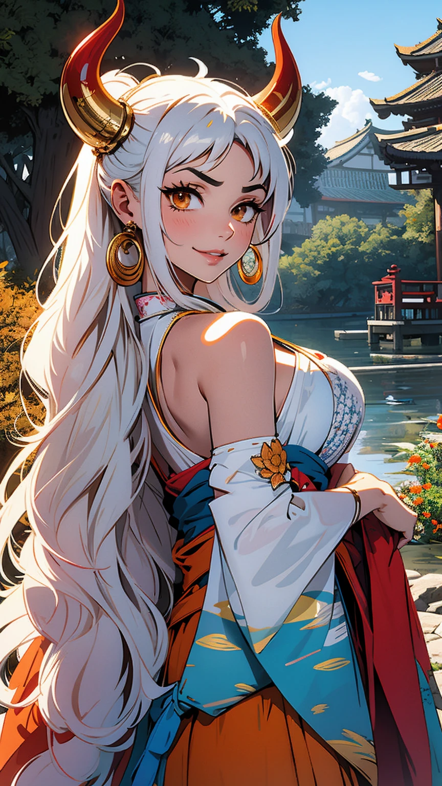 (8K, Best Quality, Masterpiece: 1.2), (Photorealistic), Ultra High Definition, Single Woman, Sexy, Solo, Fox Personification, (Full Face Blush), (Embarassed But Happy: 1.4), Learning Forward, Big Breasts, Cleavage, Tongue Out, Yellow Eyes, (Yellow and White Kimono: 1.1), (Silver Long Hair: 1.3), upper body, low angle, autumn morning, yellow skin, yellow at the tips only, (yellow kimono), Fushimi Inari Taisha Shrine, Ghibli, cleavage, hair ornament, necklace