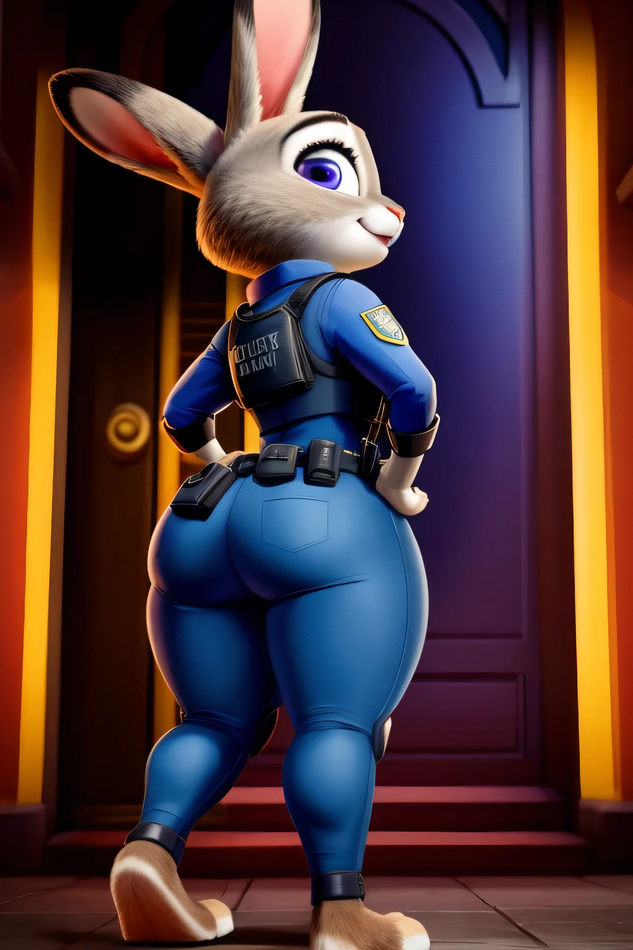 judy hopps,with his police uniform,thick thighs, thin hips, thick paws,zootopia 2,butt