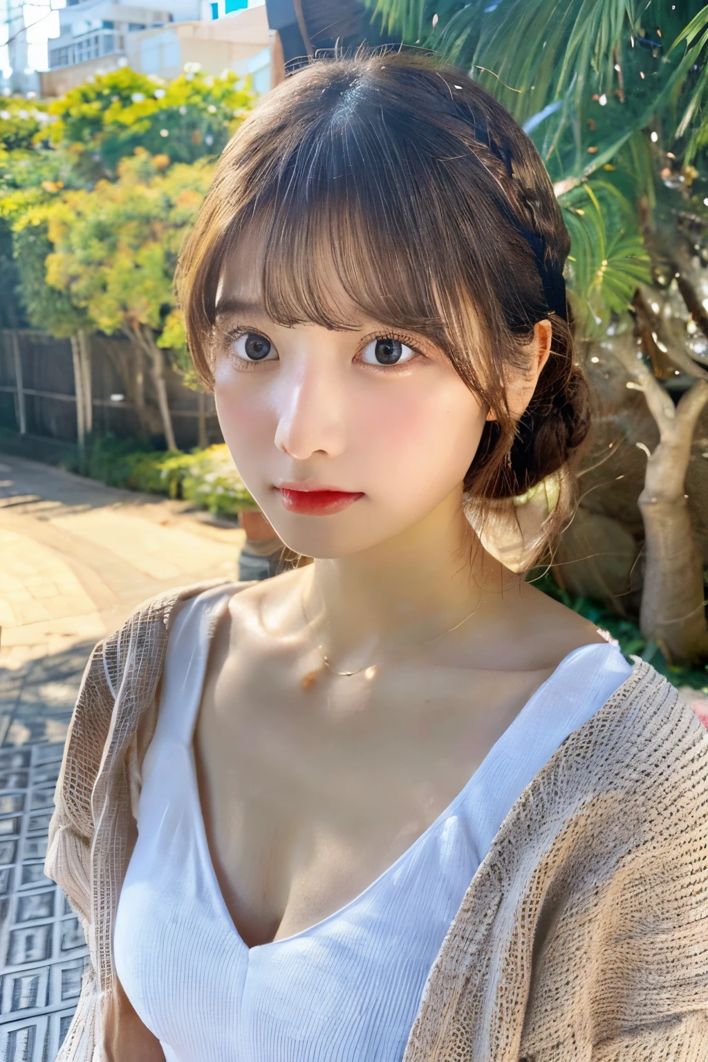 (8K, Photoreal, Raw photo, best image quality), Japanese high school girl、(random hairstyle)、cleavage、super detail face、eye for details、double eyelid、Beautiful woman、light brown hair、highest quality、masterpiece、超A high resolution、Fuming、thin、short haired、micro bikini、Beach、Standing