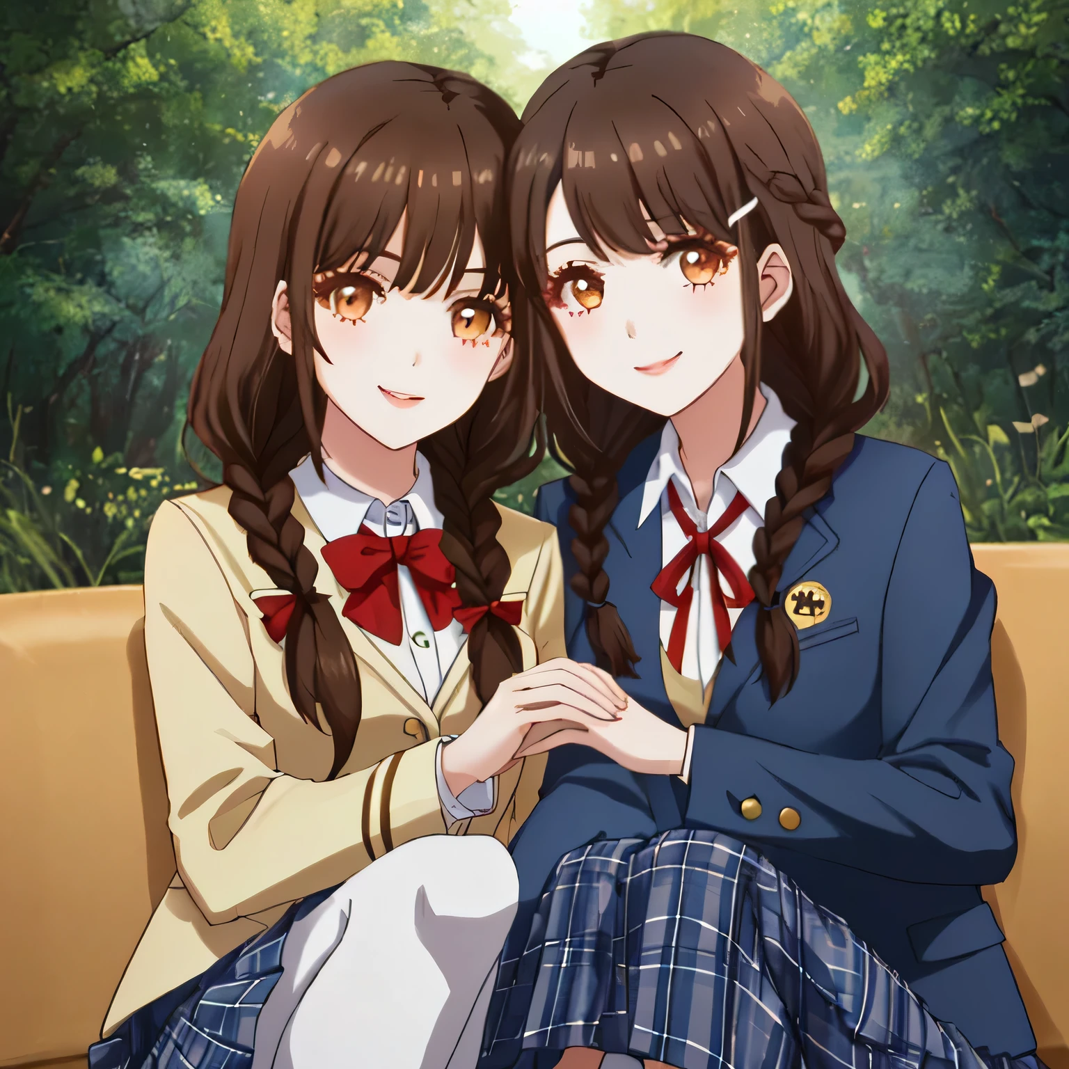 highest quality, (masterpiece:1.2), very detailed, Two girls are looking at the viewer and smiling, Glossy lips that make you want to kiss, nice smile, brown eyes, (((dark brown hair))), 15 years old, long braids, big shiny hair clip, school uniform, Dark blue and navy plaid skirt, middle long skirt, white shirt, A luxurious navy blazer with a golden emblem on the left chest, big school ribbon tie, lipstick、very shiny hair、laughter、bright look、The light makes my face and hair shine, The corners of the eyes are drooping, cute braids, I&#39;m so happy I can jump up, The expression of a maiden in love, (((twin braid hair))), The long skirt fabric has a beautiful deep blue checkered pattern., A shy expression staring at the viewer, double eyelid, ((long eyelashes)), ((the knees are hidden by the skirt)), A shy and timid girl