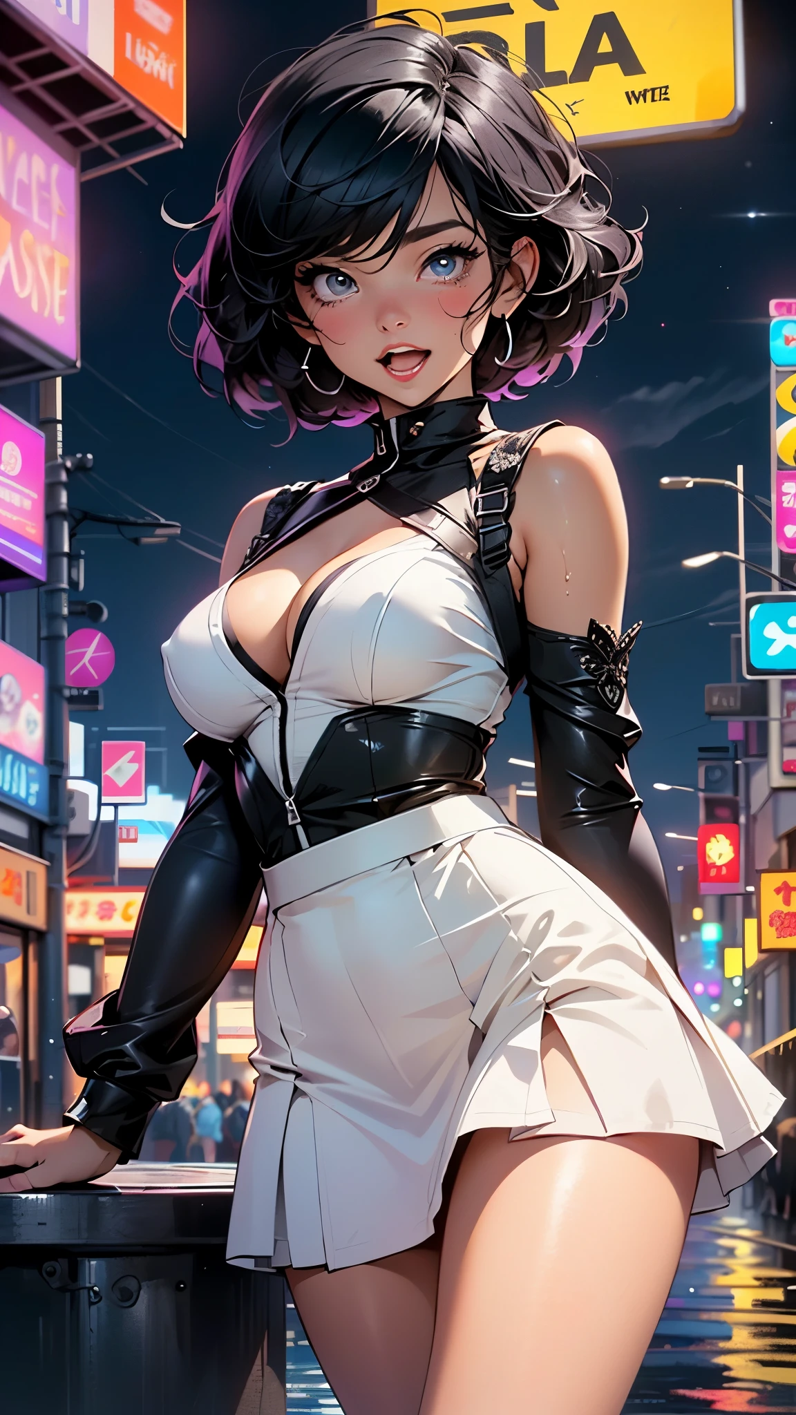 maid girl,((1girl)),((maid girl with extremely cute and beautiful black hair)),

(large breasts:1.4),bountiful breasts,fluffy breasts,H cup bust,bust up,bulging bust top,(((black bob hair:1.35,colored inner hair,short hair,ear breathing))),((heterochromia:1.5, (purple_eye and blue_eye))),big eyes:1.3,((fat)),(((lustrous skin:1.5,bright skin: 1.5,skin tanned,shiny skin,very shiny skin,shiny body,plastic glitter skin,exaggerated shiny skin,illuminated skin,wet legs))),(spider lower abdomen,narrow waist,wide hip,athletic body,inflated legs, thick thighs,detailed body,(detailed face)),

cute,slutty,seductive,erotic,((nsfw)),

zettai ryouiki,(maid headdresaid uniform,Headdresaid),sleeveless,mini skirt,boots,cleavage cutout,bare legs,clothes with a lot of lace frills,((wet clothes,intricate outfit,intricate clothes)),

(dynamic pose:1.0),solo focus,embarrassed,blush,sweat,((tears,open mouth)),moist eyes,(centered,scale to fit dimensions,Rule of thirds),

cyberpunk city by the ocean at night, with bright neon signs and dark stormy clouds and puddles, scenery:1.25,nighttime, starry night, cosmos,Very dark night that makes the neon lights stand out, very bright neon lights,nighttime, starry night, cosmos,

artistic photography,(photography taken by sldr),highres, sharp focus,(ultra detailed, extremely detailed), (photorealistic artwork:1.37),(extremely detailed CG unity 8k wallpaper),((synthwave background theme)),(((vibrant colors))),intricate,(intricate background),(masterpiece),(best quality),perfect rendered face,perfect face details,realistic face,photo realistic,analog style,((intricate detail)),(((realism))),
