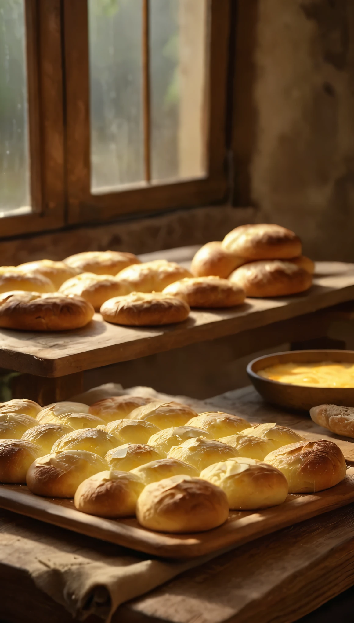 A rustic wooden table is arranged with a tray of fresh cheese bread 4k, fresh from the oven. Soft morning light streams in through the window, highlighting the golden contours of the rolls and enhancing the irresistible aroma of melted cheese. Small droplets of steam hover over the loaves, indicating their freshness from the heat of the oven. Around the table, a family gathers, their smiles showing their anticipation of the delicious taste to come. The textured details of the cheese breads, combined with the warm and familiar atmosphere, create an image that conveys the pleasure and indulgence of a Brazilian culinary tradition loved by all."