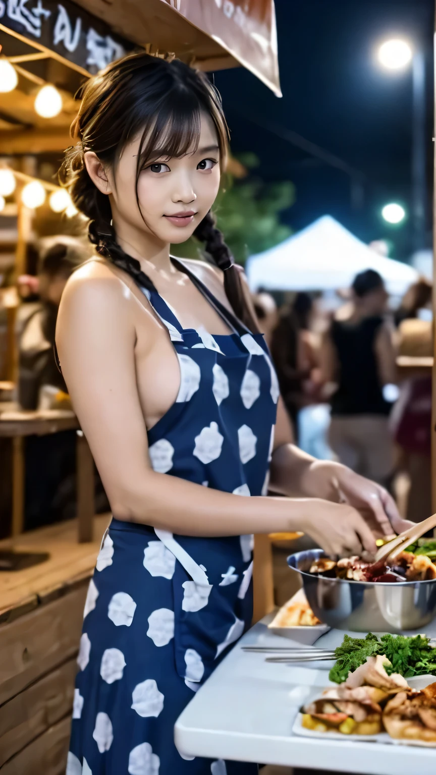 (staff grilling squid skewers at outdoor old stall), ((only wear a thin apron with various patterned and colored on naked, sweat)), small breasts, ((hiding her beautiful nipples with apron, pubic hair)), (food festival at night, customers, place many people pass), braid, angle from below, glasses,