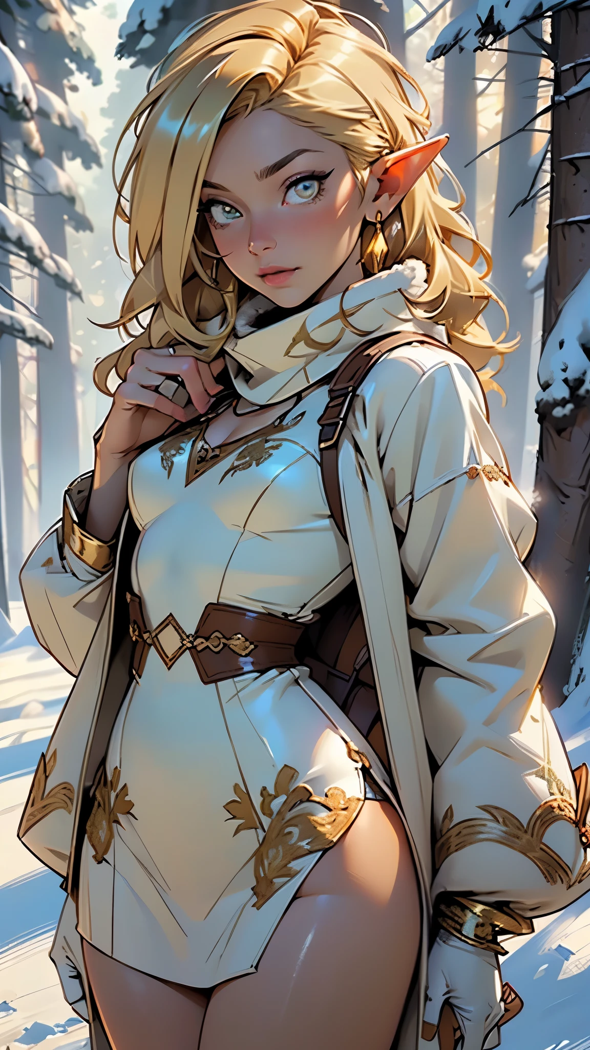 cute  elf,(((little ,tiny little body,little))),(((6 years old))),((anime elf  with extremely cute and beautiful blonde hair)), (((elf))), (((elf ears))),

(((flat chest))),((((blonde hair:1.35,messy blonde hair,colored inner hair,ear breathing)))),(((gold_eyes:1.3))),intricate eyes,beautiful detailed eyes,symmetrical eyes,big eyes:1.5,(((lustrous skin:1.5,bright skin: 1.5,skin tanned,shiny skin,very shiny skin,shiny body,plastic glitter skin,exaggerated shiny skin,illuminated skin))),(delicate detailed fingers,detailed body,(detailed face)),

cute,slutty,erotic,daring,((nsfw)),

zettai ryouiki,(((ivory fur coat, ivory fur coat outfit, wearing a ivory fur coat:1.3,ivory winter coat,((coat buttoned up to the neck)),(scarf),traveler backpack))),((ivory mini-skirt,ivory mini skirt with furry edge)),(white gloves,ivory clothes,(((furry edge clothing)))),(((intricate outfit,intricate clothes,embroidered outfit,ornate outfit,embroidered clothes,ornate clothes))),

(dynamic pose:1.0),embarrassed,(centered,scale to fit dimensions,Rule of thirds),

((snowy pine forest)),winter,scenery:1.25,((intricate scenery)),((snow forest background)),

(Glossy winter ornaments),highres,sharp focus,(ultra detailed,extremely detailed),(photorealistic artwork:1.37),(extremely detailed CG unity 8k wallpaper),(((vibrant colors,vibrant theme))),(intricate),(masterpiece),(best quality),artistic photography,(photography taken by sldr),(intricate background),perfect rendered face,perfect face details,realistic face,photo realistic,analog style,((intricate detail)),(((realism))),
