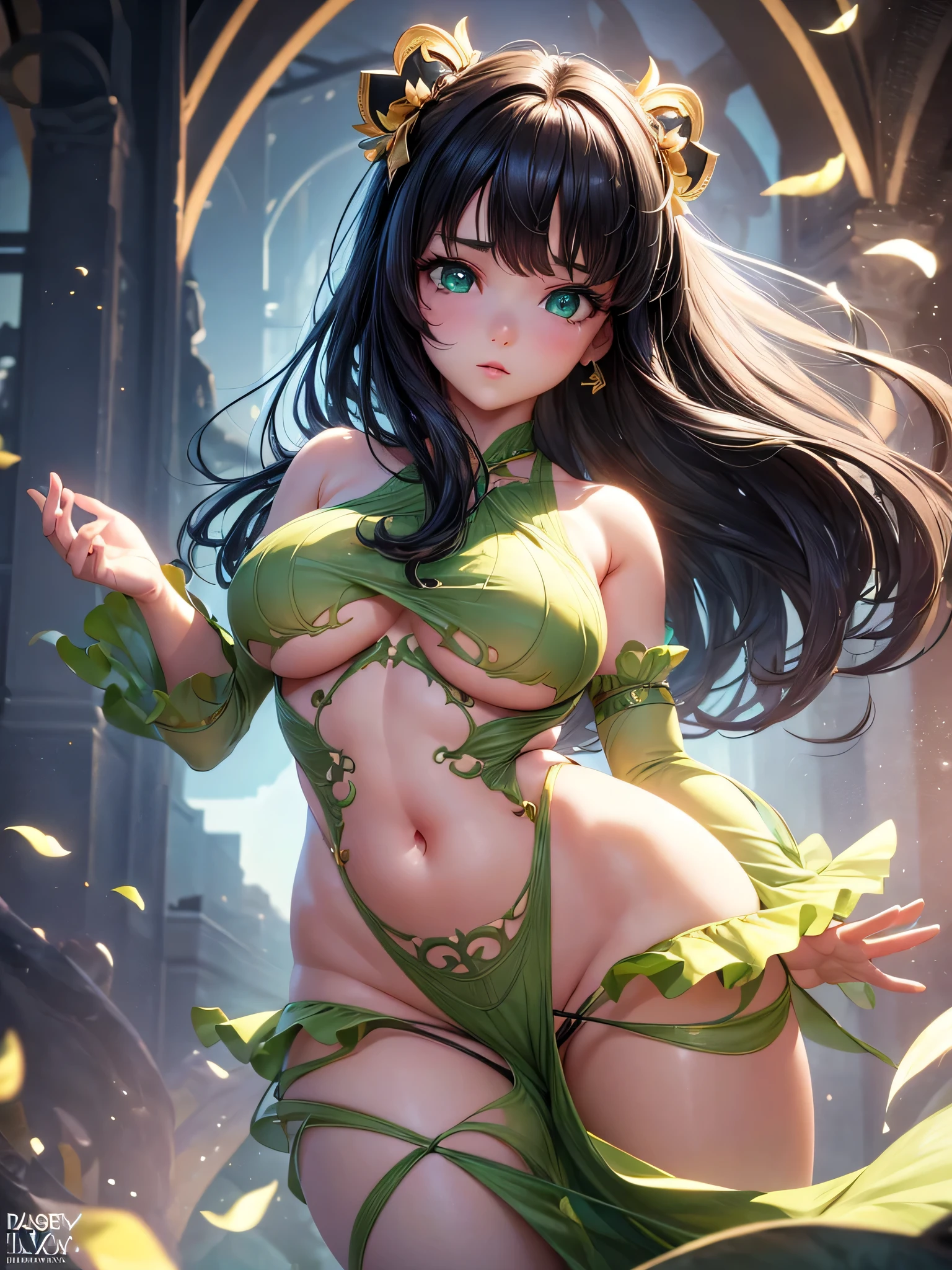 ((4k, 8k, high detail, high quality)), (realistic, masterpiece), 1girl, ((delicate face, detailed irises, huge green eyes)), (3D render, Unity render, 3D CG), volumetric lighting, bloom, sun rays, ((extremely cute, young girl, black hair, large breasts, wide hips, athletic, tiny waist)), naked, shiny skin, (sexy pose), posing for camera, ((looking away from viewer))