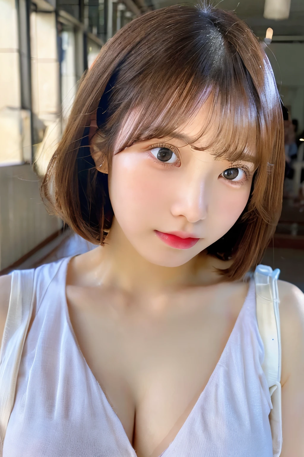 (8K, Photoreal, Raw photo, best image quality), Japanese high school girl、(random hairstyle)、cleavage、eye for details、double eyelid、Beautiful woman、light brown hair、highest quality、masterpiece、Fuming、thin、short haired、micro bikini、Beach、Full Body Shot