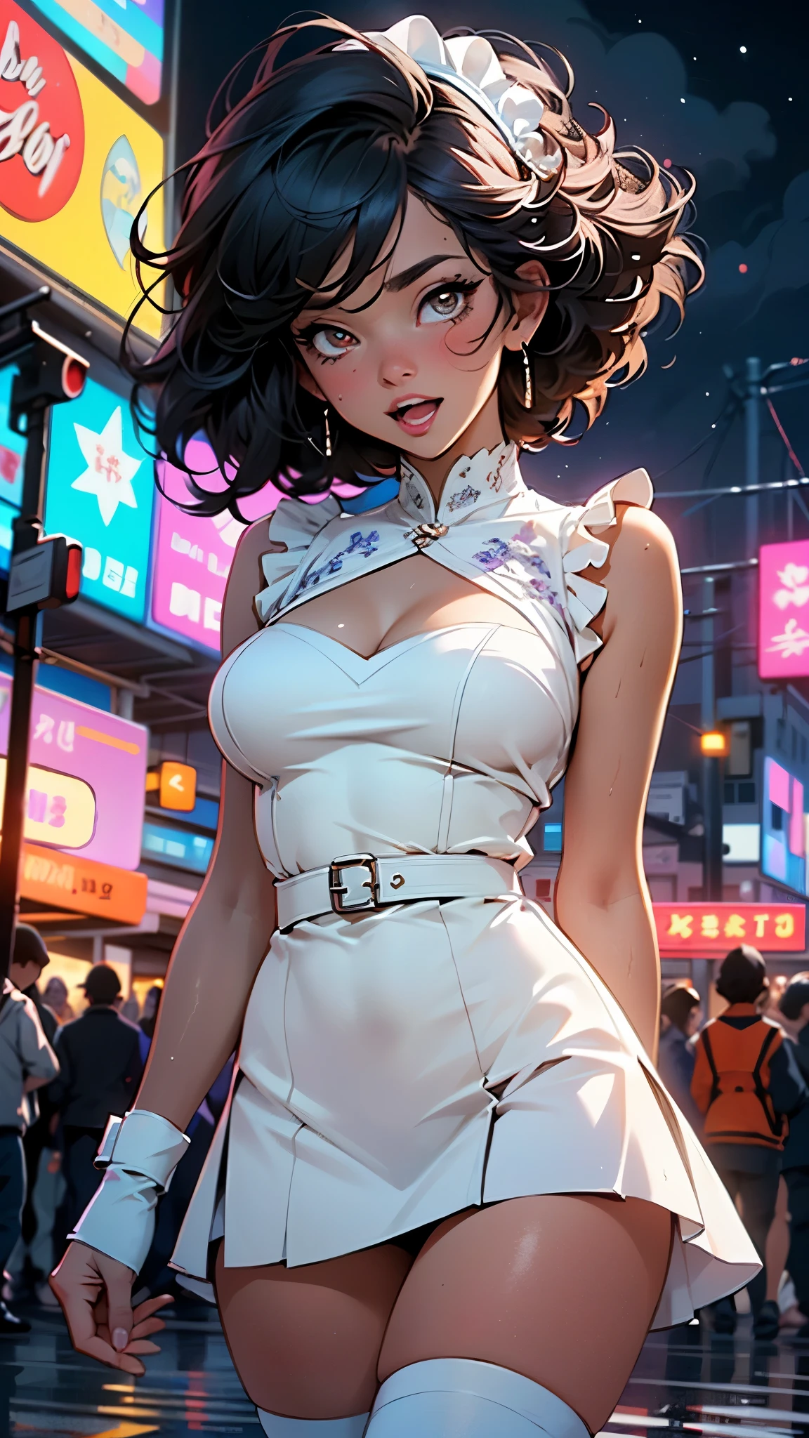 maid girl,((1girl)),((maid girl with extremely cute and beautiful black hair)),
(large breasts:1.4),bountiful breasts,fluffy breasts,H cup bust,bust up,bulging bust top,(((black bob hair:1.35,colored inner hair,short hair,ear breathing))),((heterochromia:1.5, (purple_eye and blue_eye))),big eyes:1.3,((fat)),(((lustrous skin:1.5,bright skin: 1.5,skin tanned,shiny skin,very shiny skin,shiny body,plastic glitter skin,exaggerated shiny skin,illuminated skin,wet legs))),(spider lower abdomen,narrow waist,wide hip,athletic body,inflated legs, thick thighs,detailed body,(detailed face)),
cute,slutty,seductive,erotic,((nsfw)),
zettai ryouiki,(maid headdresaid uniform,Headdresaid),sleeveless,mini skirt,boots,cleavage cutout,bare legs,clothes with a lot of lace frills,((wet clothes,intricate outfit,intricate clothes)),
(dynamic pose:1.0),solo focus,embarrassed,blush,sweat,((tears,open mouth)),moist eyes,(centered,scale to fit dimensions,Rule of thirds),
cyberpunk city by the ocean at night, with bright neon signs and dark stormy clouds and puddles, scenery:1.25,nighttime, starry night, cosmos,Very dark night that makes the neon lights stand out, very bright neon lights,nighttime, starry night, cosmos,
artistic photography,(photography taken by sldr),highres, sharp focus,(ultra detailed, extremely detailed), (photorealistic artwork:1.37),(extremely detailed CG unity 8k wallpaper),((synthwave background theme)),(((vibrant colors))),intricate,(intricate background),(masterpiece),(best quality),perfect rendered face,perfect face details,realistic face,photo realistic,analog style,((intricate detail)),(((realism))),