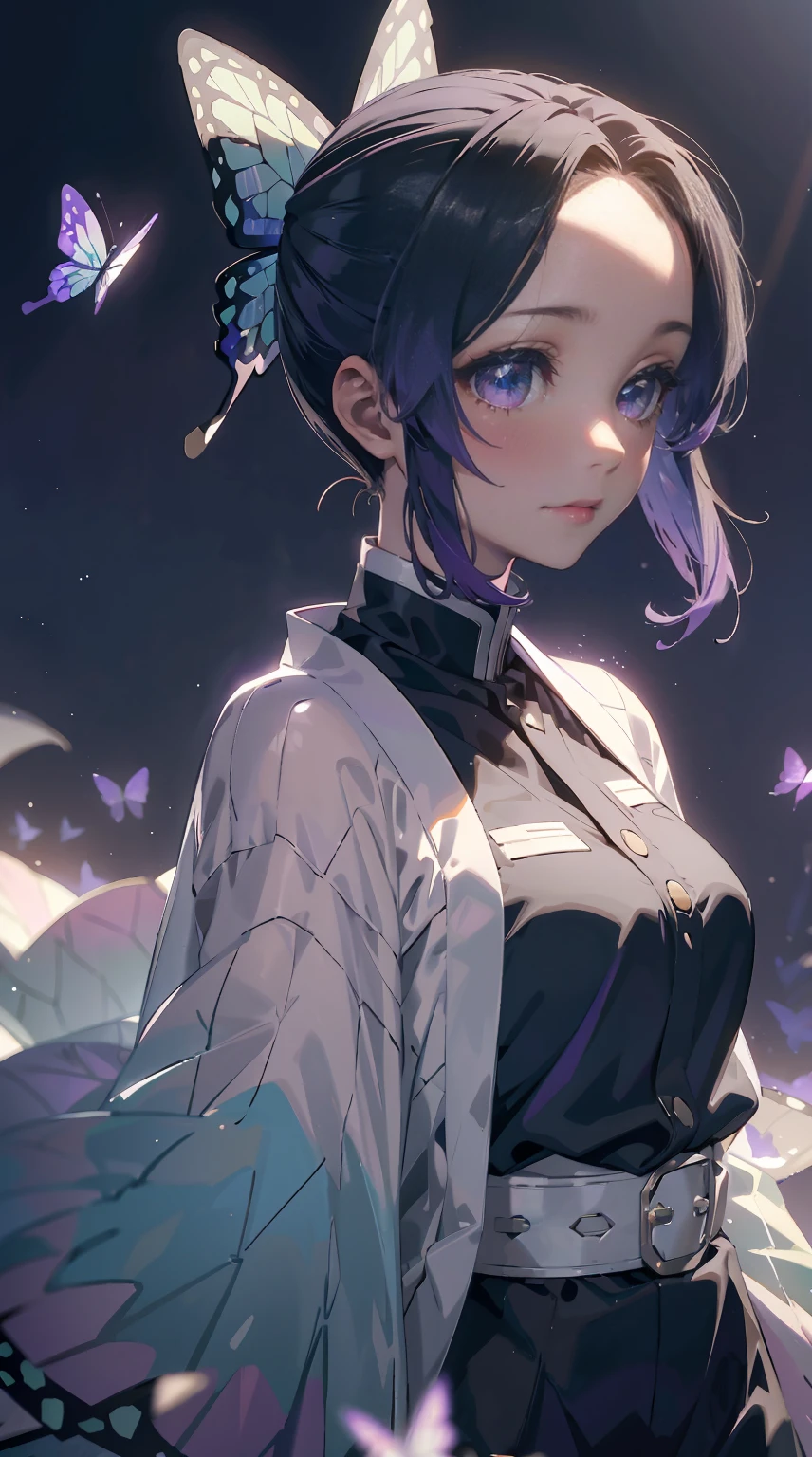 Ultra-realistic 8K CG，tmasterpiece，（（Ultra detailed backgrounds，delicate patterns，Complicated details）），Best quality at best，very vey very detailed face，very detailed eyes and faces，Very detailed eyes，Kochou Shinobu，O cabelo multicolorido，No bangs，hair intakes，Purple eye，Forehead，Black shirt，Black pantsuit，haori，butterflys，obi strip，（trpical garden：1.2），purple flower，mostly cloudy sky，rays of sunshine，Tyndall effect，Gradient_sky，the face，beautiful sky，Saber on the waist，captivating posture，（Large breasts:1.3)，（cleavage:1.3)，（Off-the-shoulder attire:1.5)