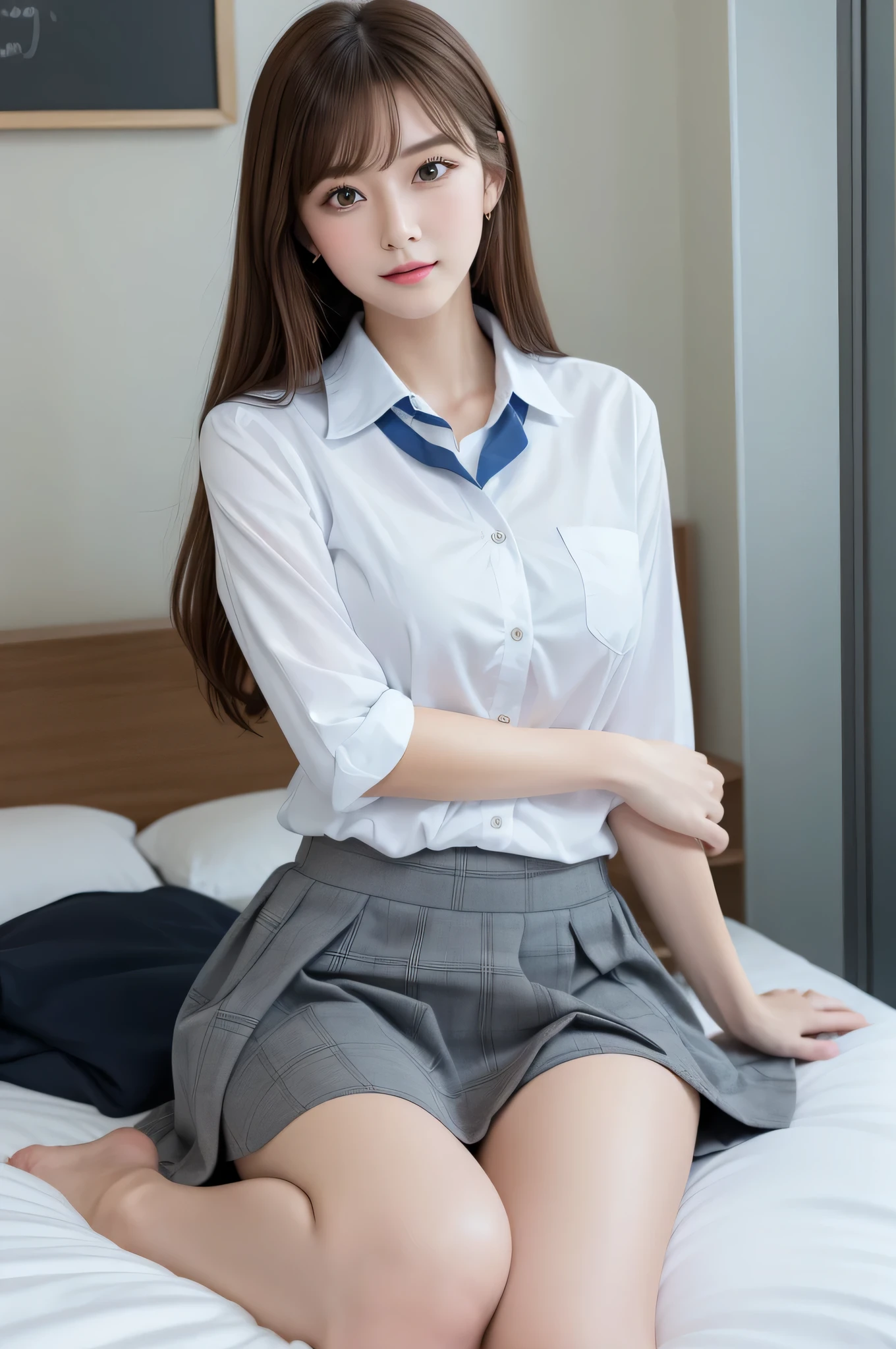 photorealistic,realistic,Blue crystal clear water、Hotel、((brown hair))、good hand、8K video、High resolution、masterpiece、highest quality、fine skin、sharp focus、clavicle,detailed face:1.2、beautiful breasts、lustrous eyes、look at the audience、((beautiful and detailed eyes))、Big eyes、美しくdetailed face、perfect and beautiful double eyelids、whole body、black socks,thin ankles,delicate legs,The woman I want to hold,beautiful hip line,tropical country、gray check skirt,school uniform,uniform,open white shirt,beautiful feet,wet skin,woman sleeping in bed,holding my legs(knees:1.2)