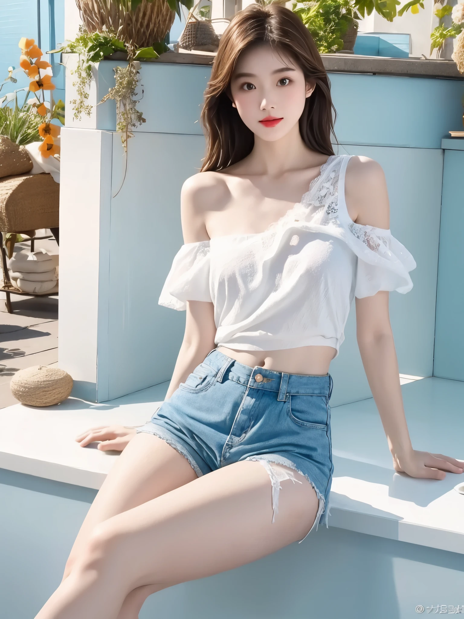 A goddess，White body shapely，Hands and legs，Exquisite face 1.2，Moisturizing and whitening skin 1.5，White and blue high gradient velvet shorts，White lace short sleeves off the shoulders，