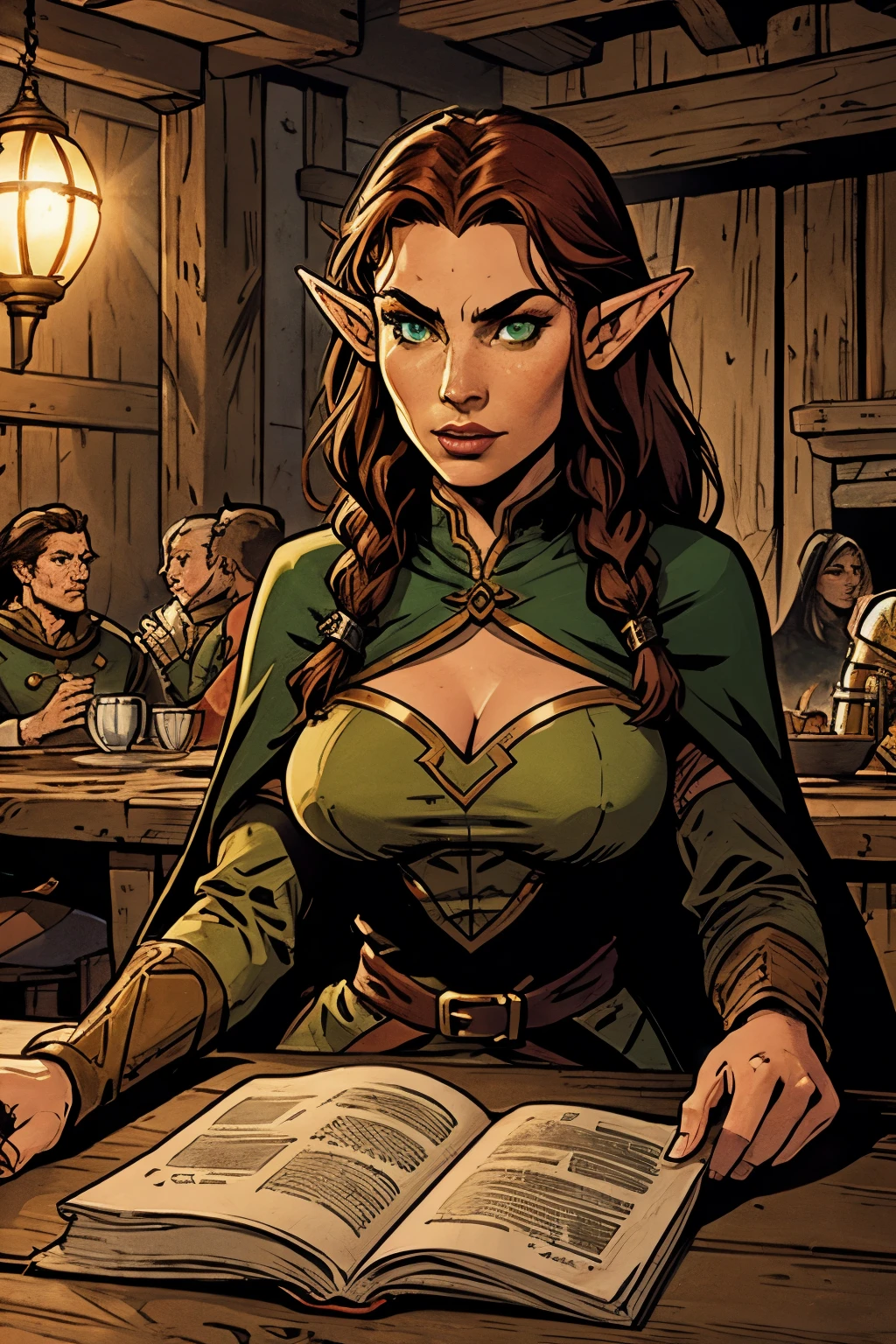 A female elf, long hair in red braids, very green eyes, freckles, thin lips, round face, medium breasts, wide hips, wearing black elf warrior clothes, imposing and distinguished, beautiful and arrogant female elf, serious and superior elf, sitting at a table in a tavern drinking a mug of beer and being admired by several adventurers