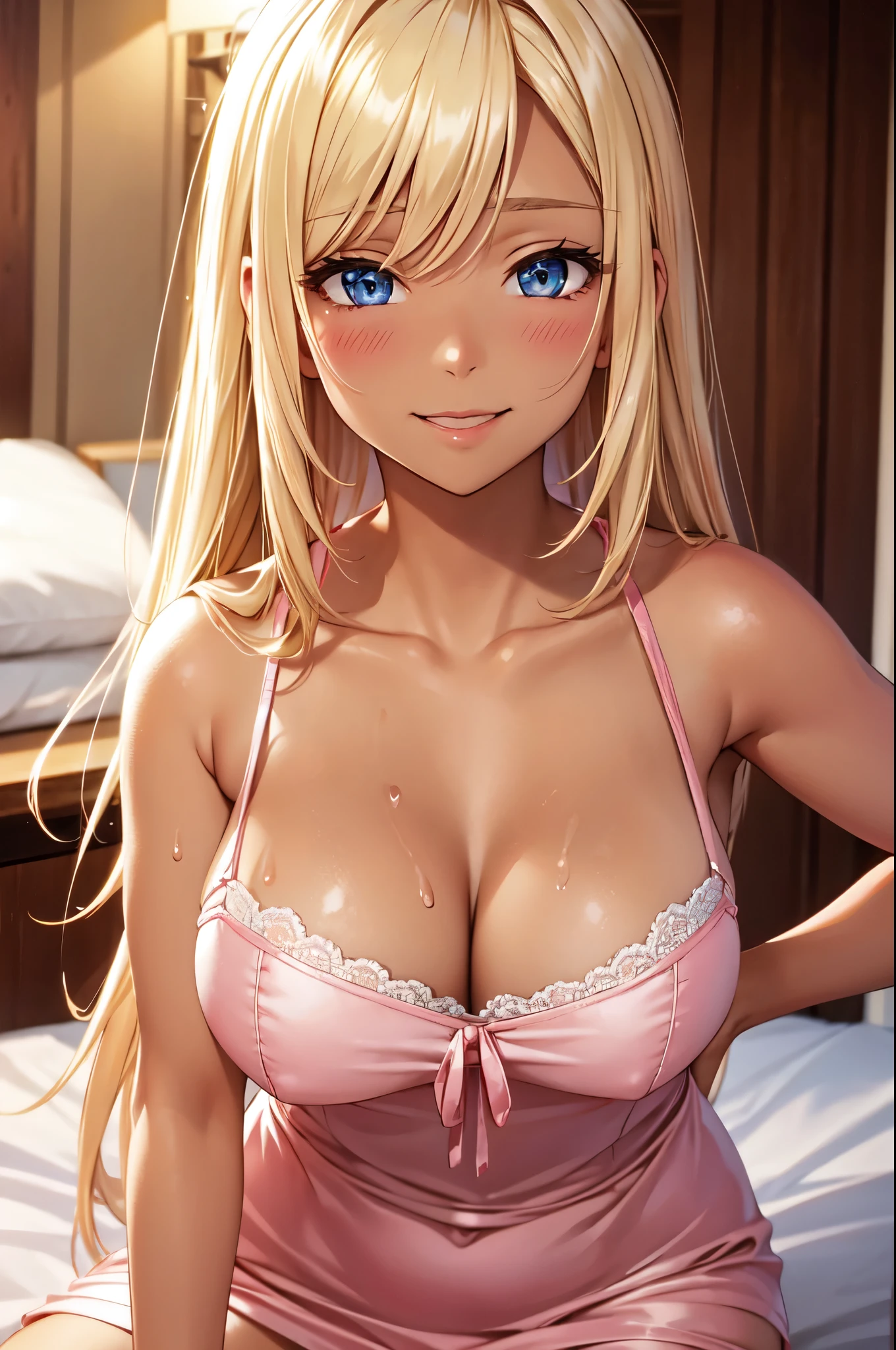 (High quality, High resolution, Fine details), BREAK pink negligee, soft and sensual, slightly tilted head, subtle makeup, luxurious bedroom setting, satin sheets, soft lighting, warm and inviting colors, solo, curvy women, BREAK blond hair, sparkling eyes, (Detailed eyes:1.2), smile, blush, Sweat, dark skin, (Oily skin), shallow depth of field