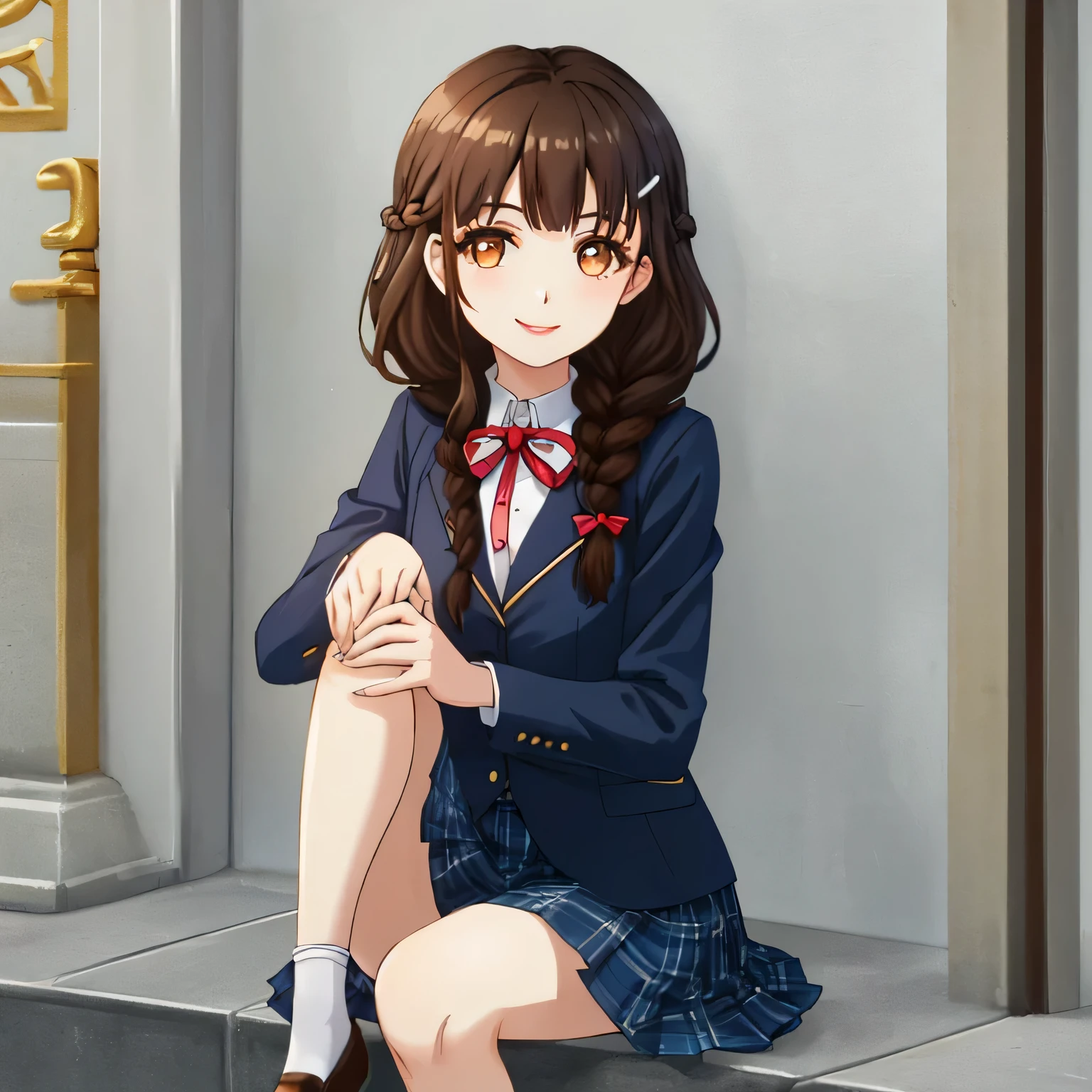 highest quality, (masterpiece:1.2), very detailed, A girl is looking at the viewer and smiling, Glossy lips that make you want to kiss, nice smile, brown eyes, (((dark brown hair))), , long braids, big shiny hair clip, school uniform, Dark blue and navy plaid skirt, middle long skirt, white shirt, A luxurious navy blazer with a golden emblem on the left chest, big school ribbon tie, lipstick、very shiny hair、laughter、bright look、The light makes my face and hair shine, The corners of the eyes are drooping, cute braids, I'm so happy I can jump up, The expression of a maiden in love, (((twin braid hair))), The long skirt fabric has a beautiful deep blue checkered pattern., A shy expression staring at the viewer, double eyelid, ((long eyelashes)), ((the knees are hidden by the skirt)), A shy and timid girl