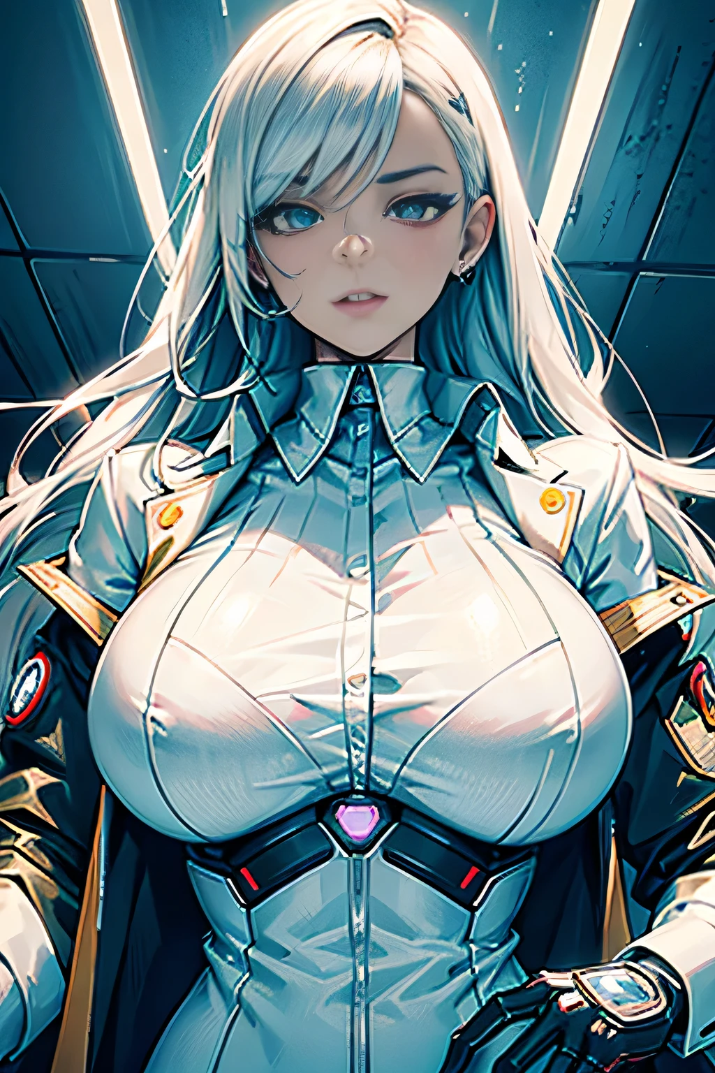 cyborg lady with massive breasts, wearing a white collared dress shirt with a khaki suit jacket, body modification, cybernetic bodyparts, glowing nipples, lightbulb nipples, khaki colored suit coat, big shirt collar, high collar, robotic breasts, breasts are made of intricate and futuristic metals, lady wearing formal clothing, cyberpunk aesthetic, her nipples are replaced with light bulbs