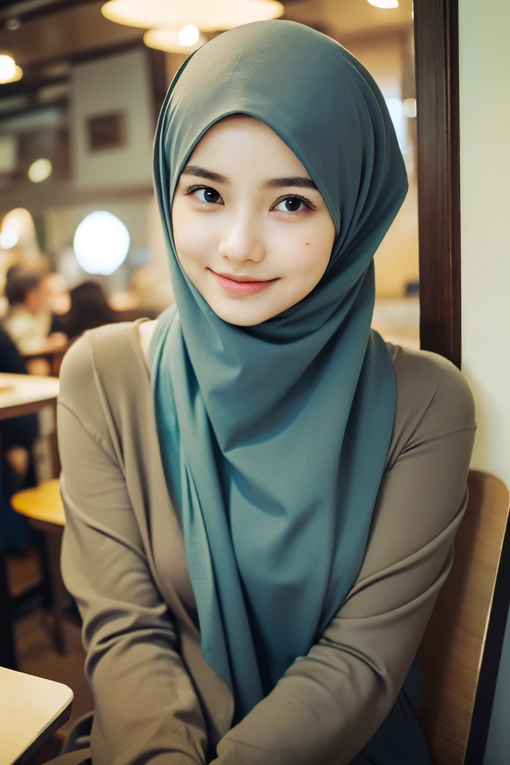 ((best quality)), ((masterpiece)), perfect face, sits in cafe, indonesia, hijab, sharp nose, smile