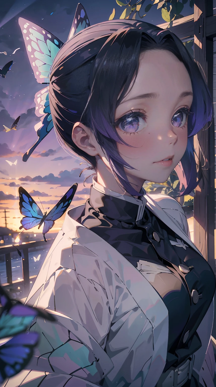 Ultra-realistic 8K CG，tmasterpiece，（（Ultra detailed backgrounds，delicate patterns，Complicated details）），Best quality at best，very vey very detailed face，very detailed eyes and faces，Very detailed eyes，Kochou Shinobu，O cabelo multicolorido，No bangs，hair intakes，Purple eye，Forehead，Black shirt，Black pantsuit，haori，butterflys，obi strip，（trpical garden：1.2），purple flower，mostly cloudy sky，rays of sunshine，Tyndall effect，Gradient_sky，the face，beautiful sky，Saber on the waist，captivating posture，（Large breasts:1.3)，（cleavage:1.3)，（Off-the-shoulder attire:1.5), backwards, looking back