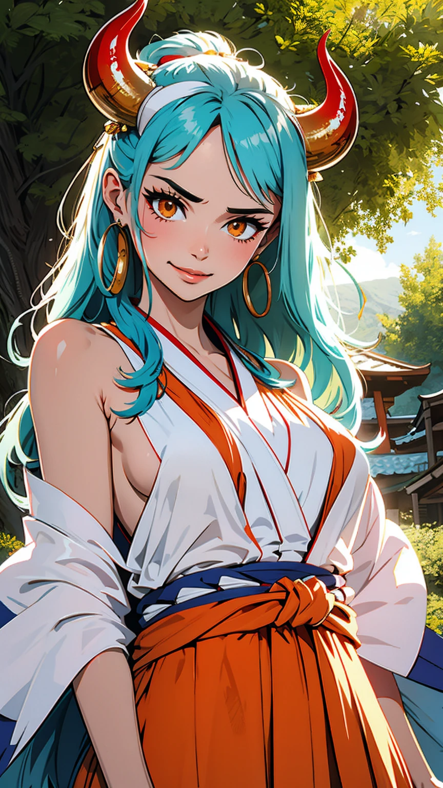 Masterpiece, ((Ultra detailed backgrounds, Delicate pattern, Intricate High Details)), (highly detailed, finedetail), Best quality,Beautiful lighting, (((mediuml breasts, lean girl, Very thin girl))), (cow boy shot), Yamato V2, Long hair, 1girll, banya, whaite hair, Tik, their, red horns, Coiled horn, hair adornmentulticolored horns), jewely, Earrings, Japanese clothes, komono, hair stick, Sleeveless, Bare shoulders, aqua hair, side locks, hoop earings, hakama, ssmile, Hefty Smile, ((orange eyes)), complex detailed background, outside, setting in nature, Rochas, Sunny weather, blue sky, Ciel,