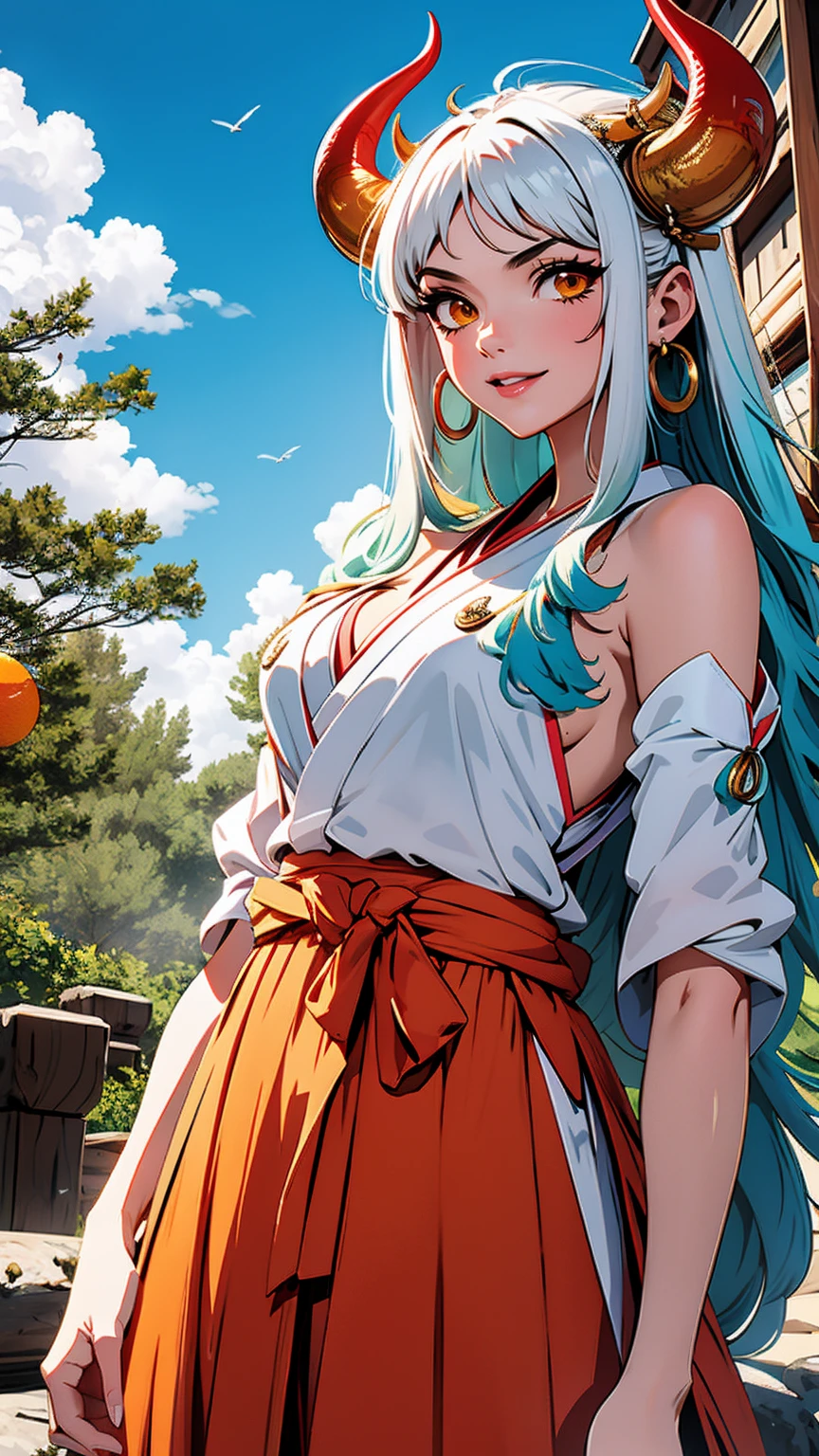 ultra realistic 8k cg, masterpiece, ((ultra detailed background, delicate pattern, intricate detail)), (highly detailed, fine details), best quality, (photorealistic:1.4),beautiful lighting, absurdres, RAW photo, film grain, ((Big breasts, Masculine girl)), Yamato, long hair, 1girl, horns, white hair, solo, oni, red horns, curled horns, hair ornament, (multicolored horns), jewelry, earrings, japanese clothes, kimono, hair stick, sleeveless, bare shoulders, aqua hair, sidelocks, hoop earrings, hakama, smile, wide smile, ((orange eyes, Masculine girl, Big breasts)), (complex detailed background, barren land, moon, portrait, close-up),show tits,show