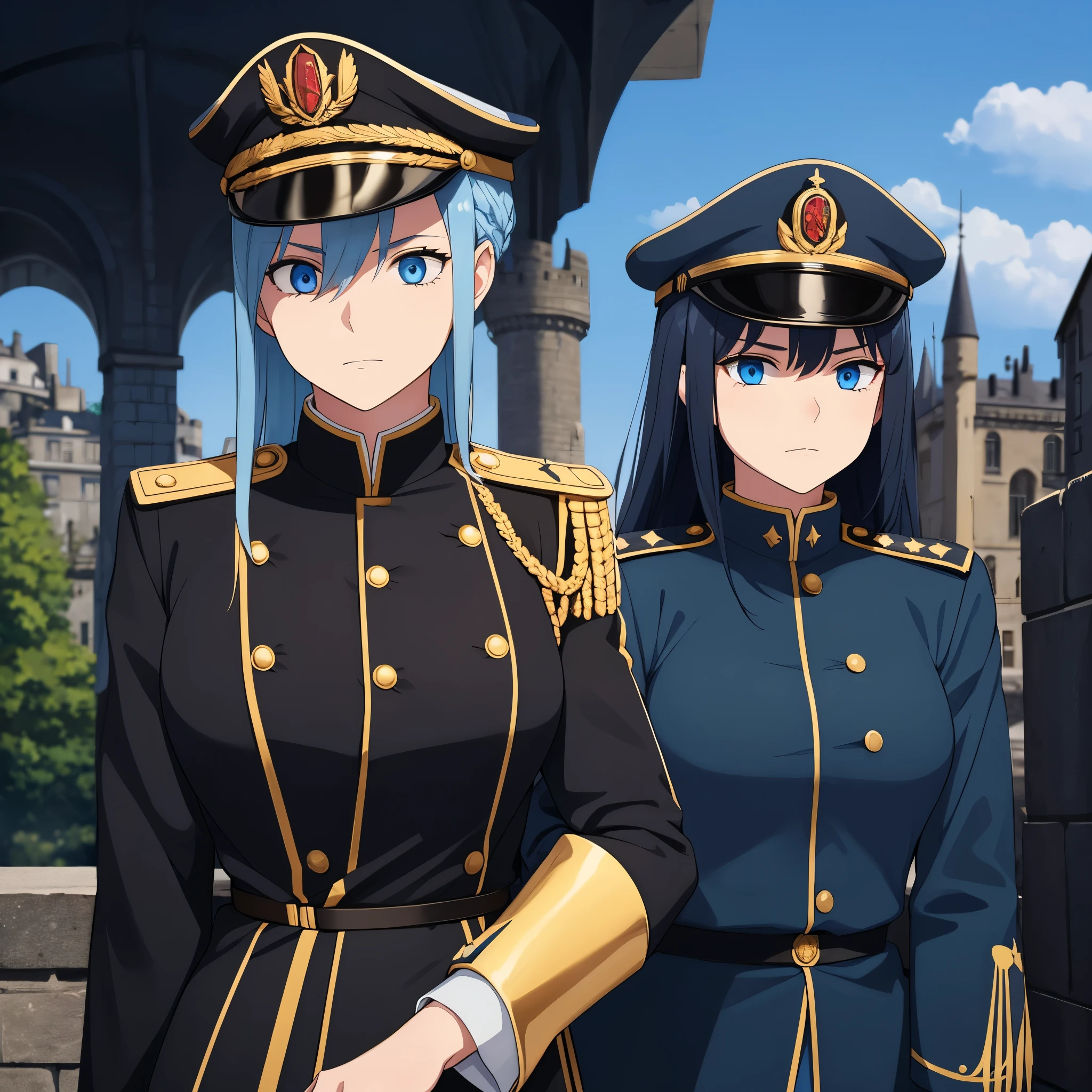 A girl with weak blue hair, blue eyes, wearing a black Prussian military uniform with gold trim, wearing a black military hat, outside a castle