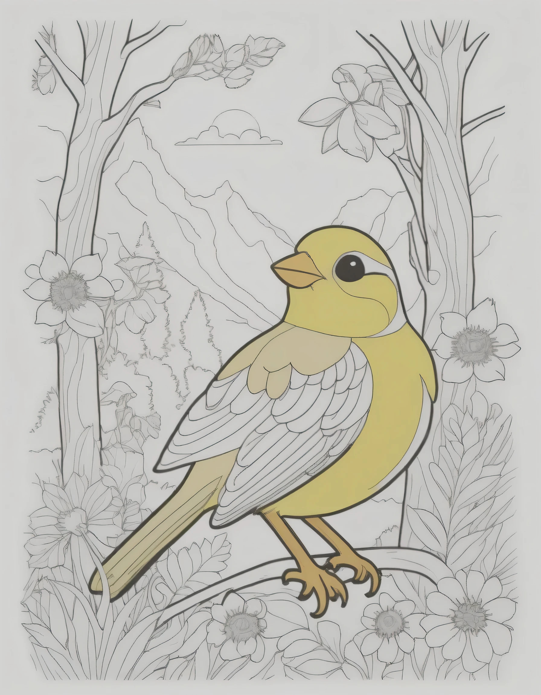 Line drawing, Pixar style, ColoringbookAF An high detailed adorable line drawing Canary without color, rests in its den among vibrant flowers in a North American-inspired forest with a detailed background of forested mountainous areas. ColoringBookAF, on black and white background Redmond coloring book, without color, no color, without color, ColoringBookAF, on black and white background Redmond coloring book, without color