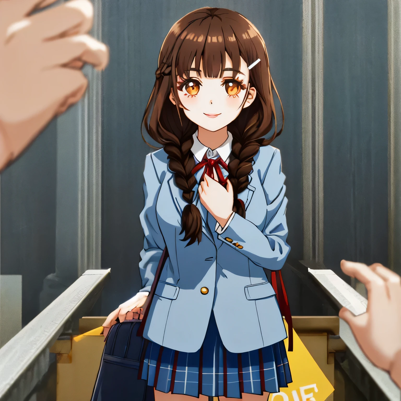 highest quality, (masterpiece:1.2), very detailed, Standing figure of a girl looking at the viewer and smiling, Glossy lips that make you want to kiss, nice smile, brown eyes, (((dark brown hair))), , long braids, big shiny hair clip, school uniform, Dark blue and navy plaid skirt, middle long skirt, white shirt, A luxurious navy blazer with a golden emblem on the left chest, big school ribbon tie, lipstick、very shiny hair、laughter、bright look、The light makes my face and hair shine, The corners of the eyes are drooping, cute braids, I'm so happy I can jump up, The expression of a maiden in love, (((twin braid hair))), The long skirt fabric has a beautiful deep blue checkered pattern., A shy expression staring at the viewer, double eyelid, ((long eyelashes)), ((the knees are hidden by the skirt)), A shy and timid girl, blurred background
