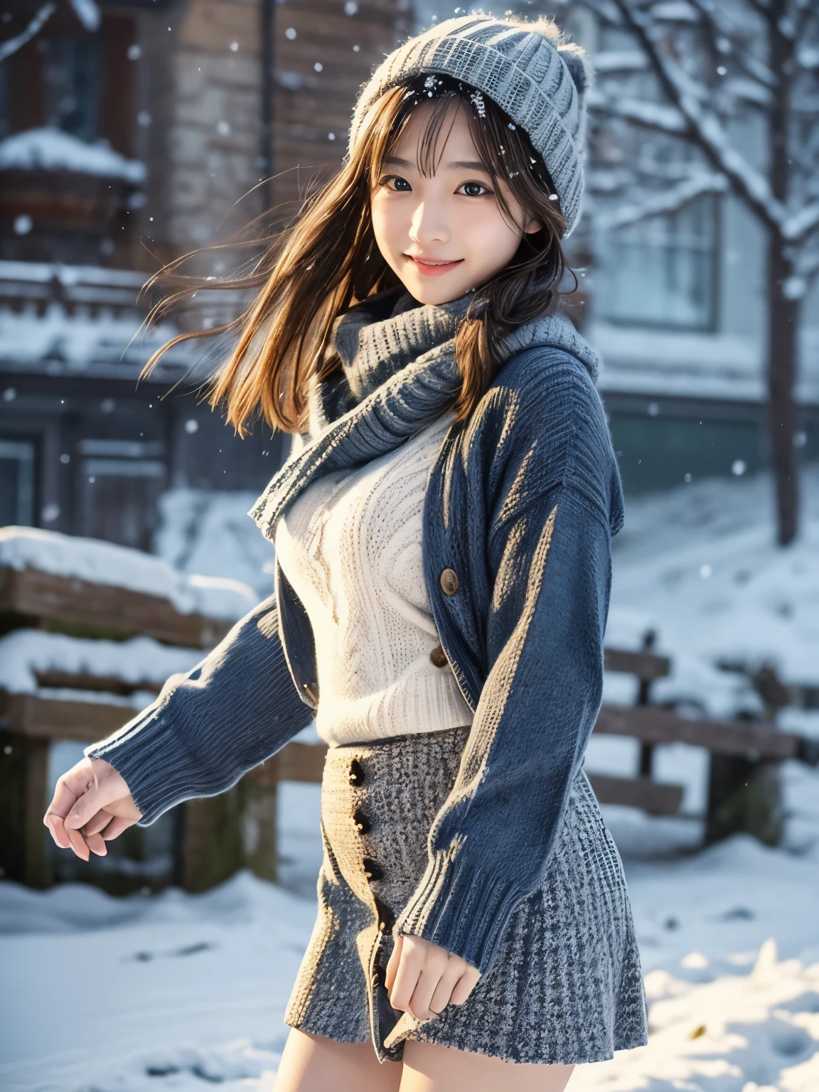 (masutepiece:1.3, Photorealsitic:1.4, 8K), top-quality, masterpiece, 超A high resolution, Perfect dynamic composition, Highly detailed skin and facial texture:1.3, A detailed eye, Detailed limbs, Winters, (snowflakes falling:1.2), Snowfall landscape at night:1.2, 1girl in, Cute sexy 25 year old slim woman, Fair skin, (Snow fell on my body and clothes:1.2), ((A smile:0.9, Totally captivates you:1.0)), (Chunky short jacket over blue long sleeve shaggy knit sweater:1.35, Tweed Mini Skirt:1.1), ((voluptuous breasts:1.1)), Short boots, (Facing the front, Frolic Pose), (Beautiful blue eyes, Eyes that feel beautiful eros:0.85), Sexy face:0.4, (A mouthfeel that feels beautiful eros:0.85), ((Perfect and ultimate cuteness:0.9))