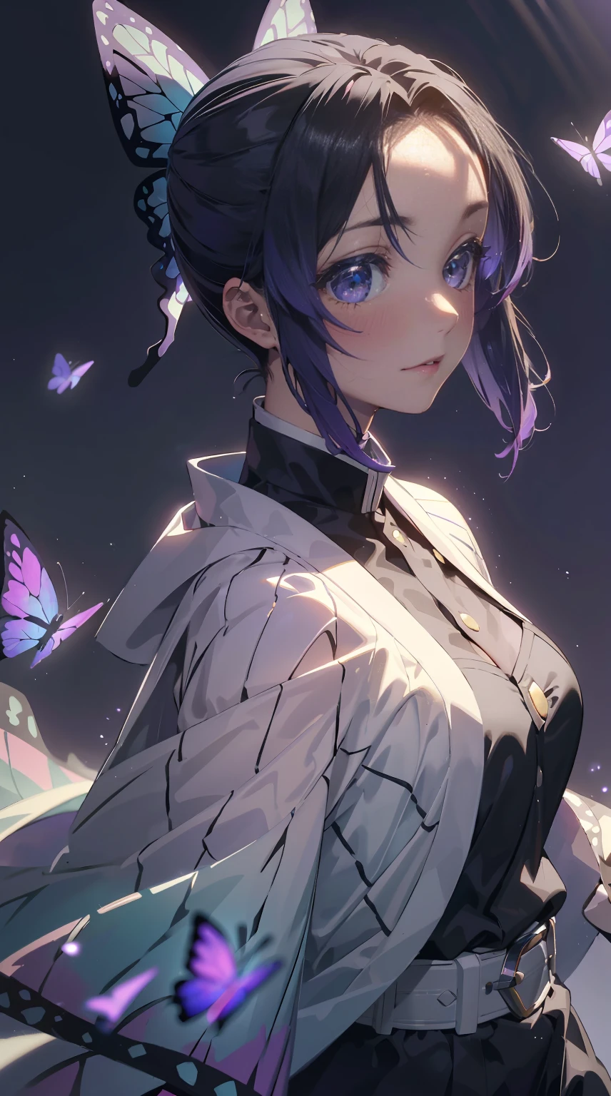 Ultra-realistic 8K CG,tmasterpiece,((Ultra detailed backgrounds,delicate patterns,Complicated details)),Best quality at best,very vey very detailed face,very detailed eyes and faces,Very detailed eyes,Kochou Shinobu,O cabelo multicolorido,No bangs,hair intakes,Purple eye,Forehead,Black shirt,Black pantsuit,haori,butterflys,obi strip,(trpical garden:1.2),purple flower,mostly cloudy sky,rays of sunshine,Tyndall effect,Gradient_sky,the face,beautiful sky,Saber on the waist,captivating posture,(Large breasts:1.3),(cleavage:1.3),(Off-the-shoulder attire:1.5), backwards, looking back