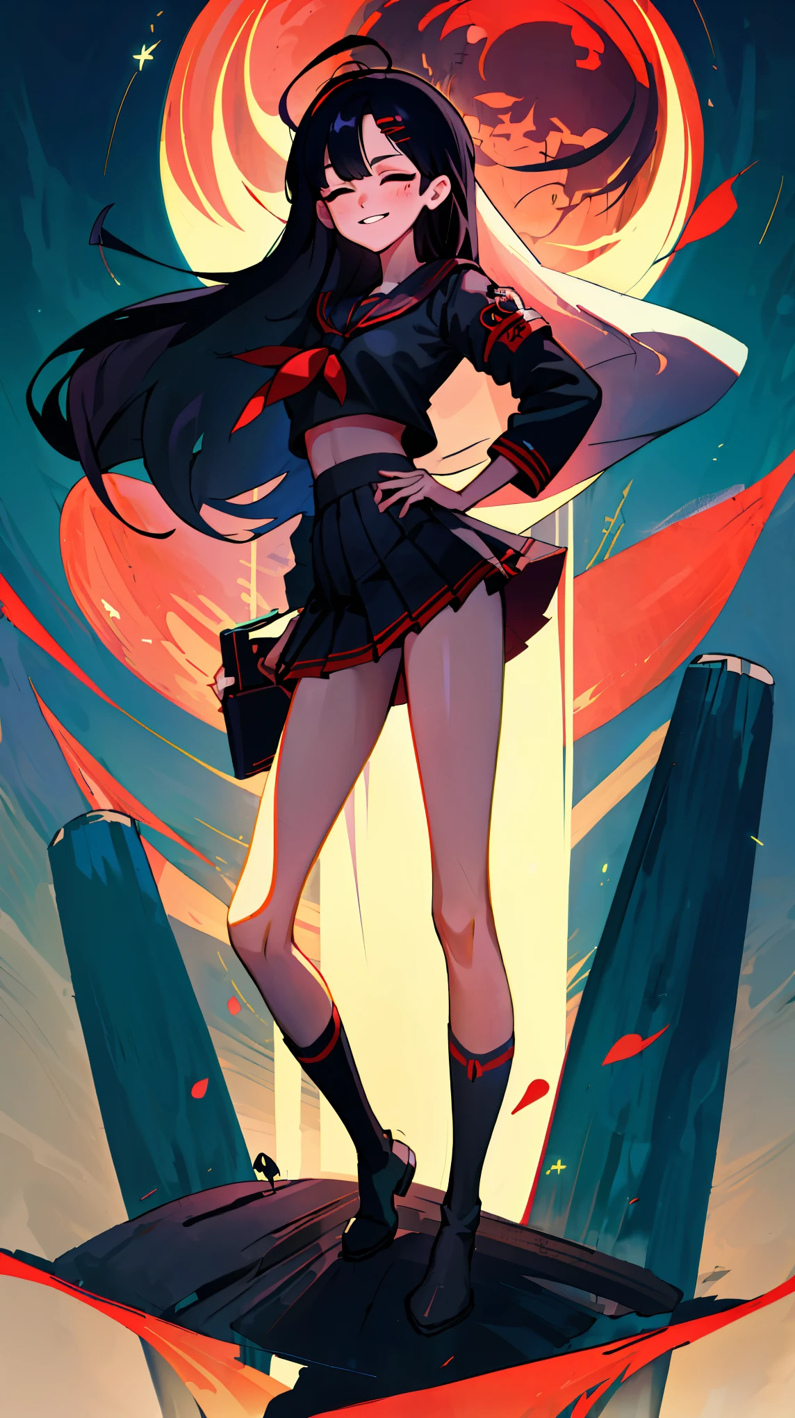 Masterpiece, best quality, high resolution, 1 girl, Ichika , long straight black hair , Close your eyes... , smile , sailor shirt , short skirt , underwear , boots, Long legs , Stand with your legs spread apart. , full body , sly face , abdomen , big breasts , stand on your hips..., mound , nighttime , red moon