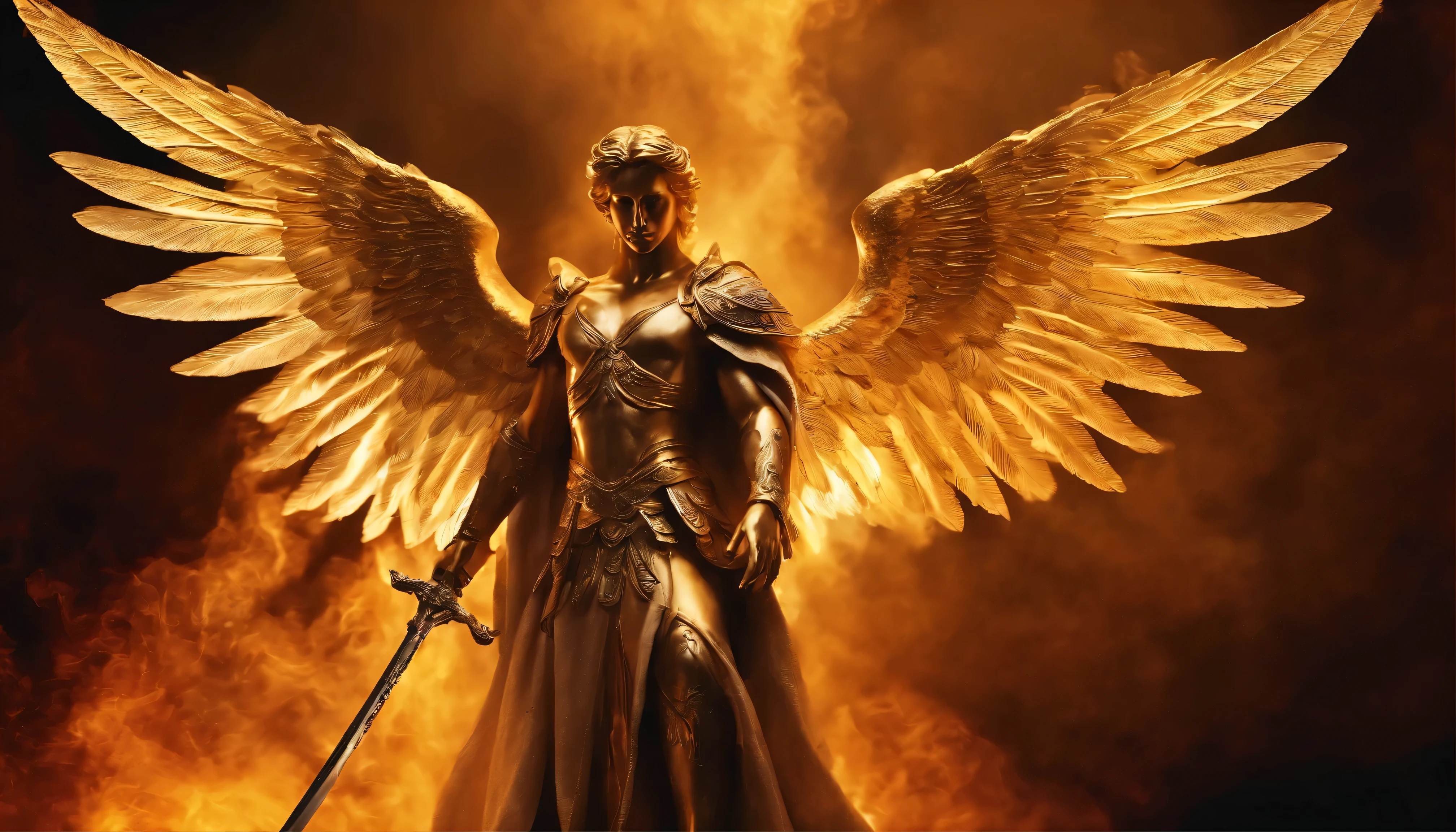 Figura angelical ultra-realista: A golden angel with open wings with a burning sword in his hand in the darkness, dark smoke setting
