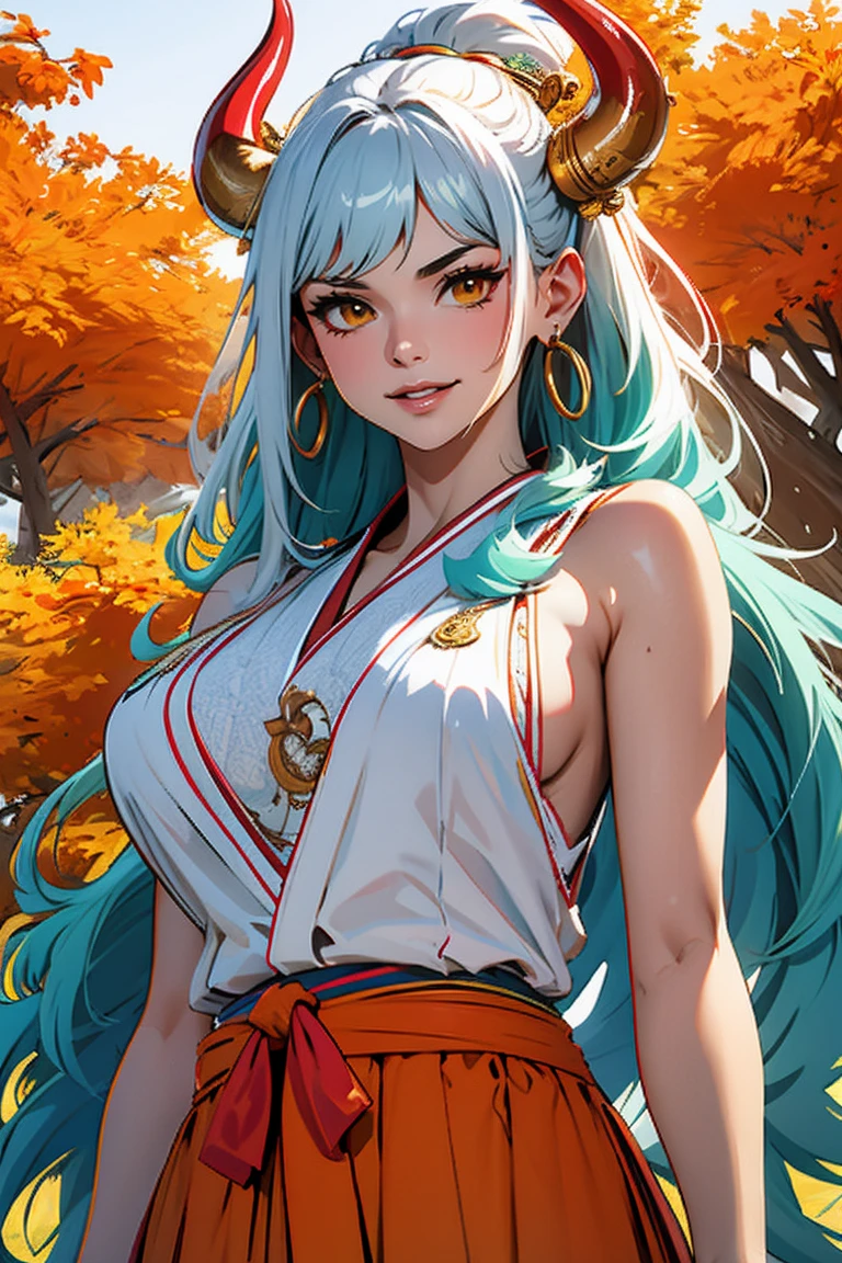 Masterpiece, ((Ultra detailed backgrounds, Delicate pattern, Intricate High Details)), (highly detailed, finedetail), Best quality,Beautiful lighting, (((mediuml breasts, lean girl, Very thin girl))), (cow boy shot), Yamato V2, Long hair, 1girll, banya, whaite hair, Tik, their, red horns, Coiled horn, hair adornmentulticolored horns), jewely, Earrings, Japanese clothes, komono, hair stick, Sleeveless, Bare shoulders, aqua hair, side locks, hoop earings, hakama, ssmile, Hefty Smile, ((orange eyes)), complex detailed background, outside, setting in nature, Rochas, Sunny weather, blue sky, Ciel,
