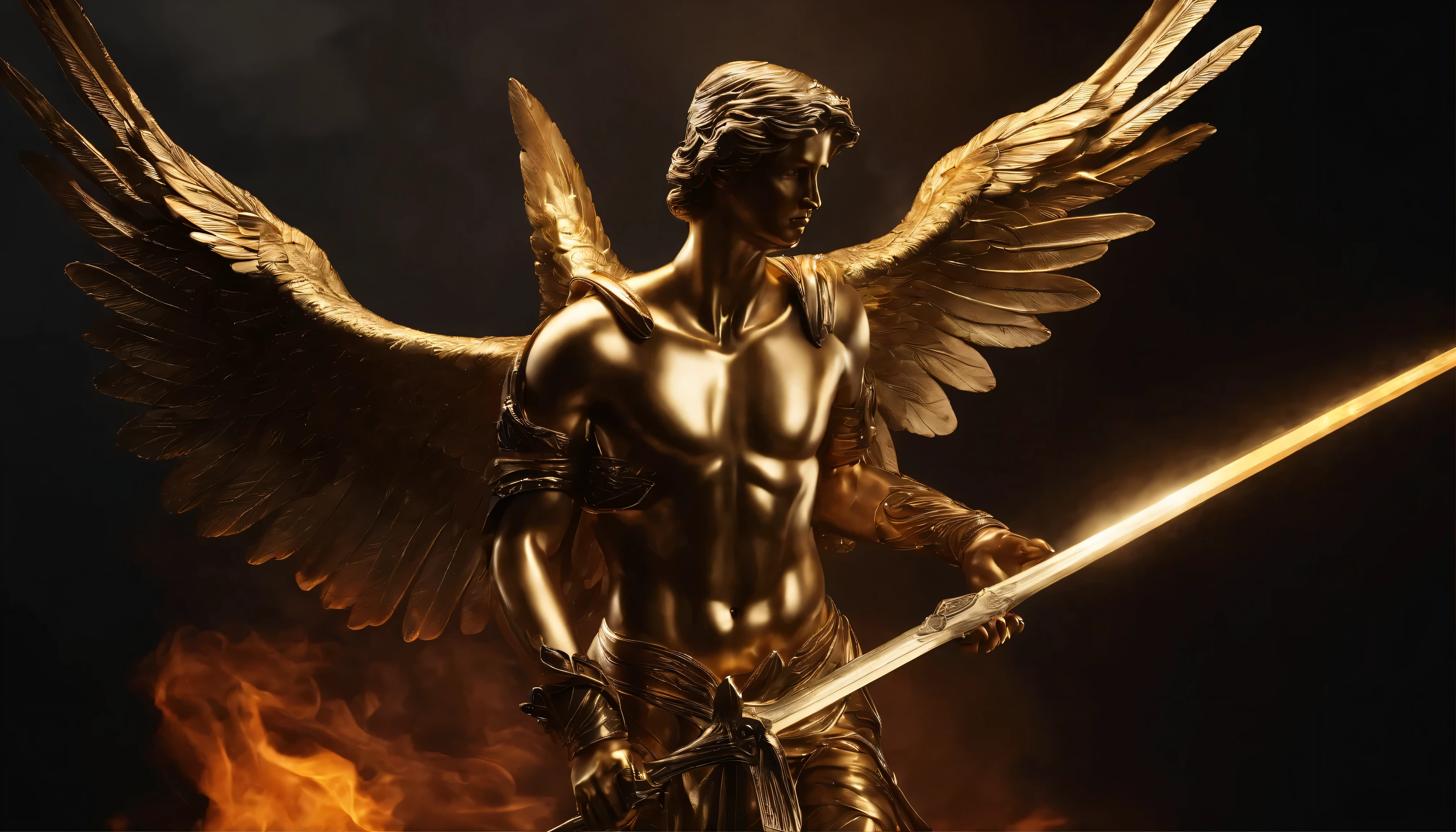Figura angelical ultra-realista: A golden angel with open wings with a burning sword in his hand in the darkness, dark smoke setting