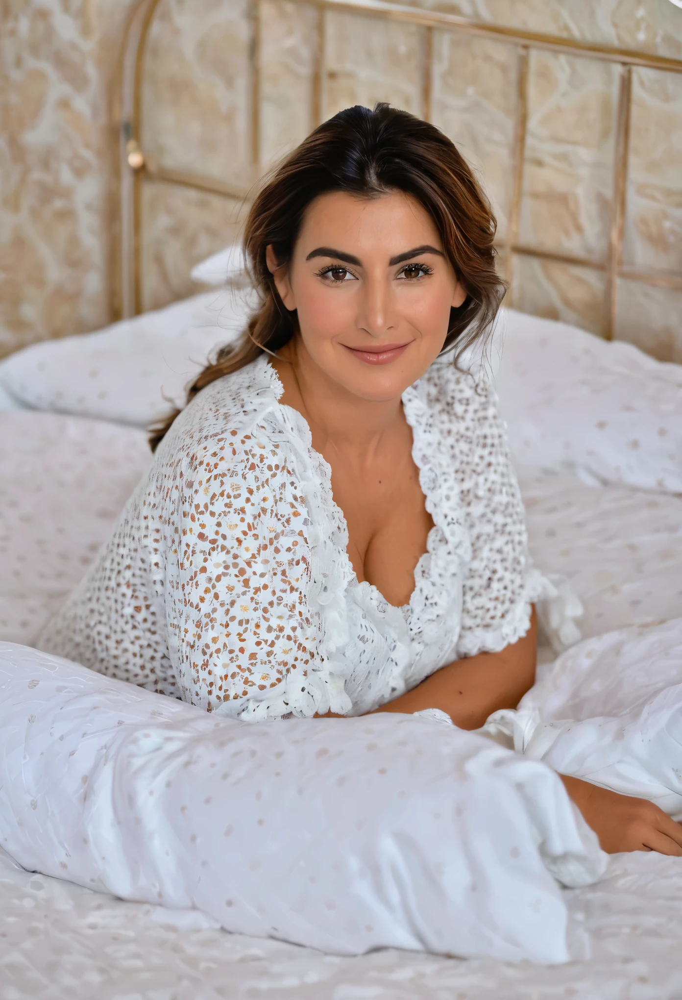 blanca de carita tierna en su cama con poca ropa