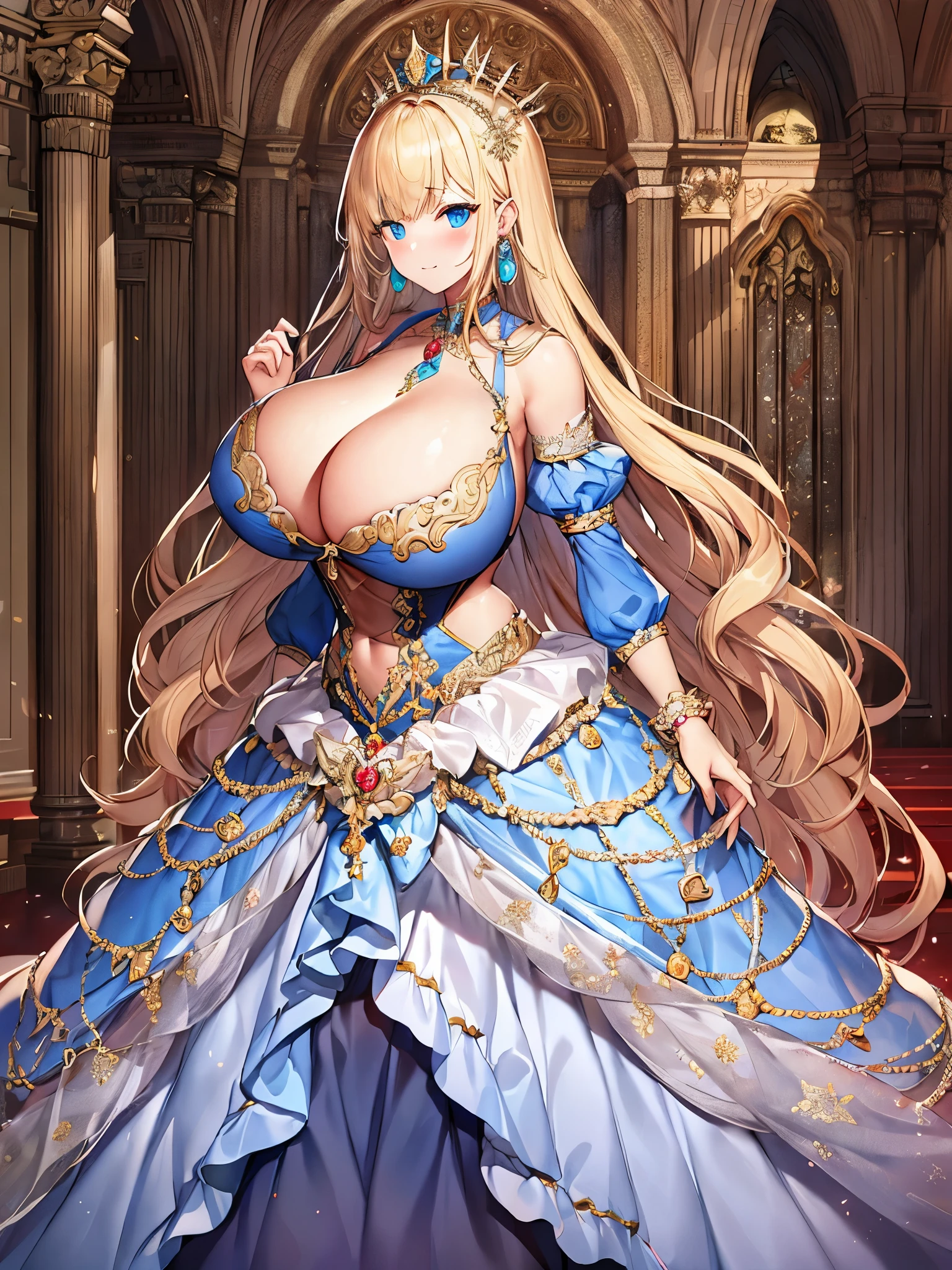 anime artstyle,Masterpiece,Best Quality,Super Detail,Very Delicate and Beautiful,Solo,((full body)),full body portrait,((1 bling-bling princess in a gorgeous embroidery rococo ballgown with jeweled)),(((very very gigantic tits,cleavage,curvy))),Skindentation,((Cathedral,church)),((crinoline,long train)),super detailed gorgeous ballgown with voluminous full length hoop skirt,gorgeous princess rococo ballgown with long train,((gorgeous princess rococo ballgown with beautiful embroidery and jeweled)),(detailed face and eyes),jewel-like eyes,((extremely voluminous straight Hair,Extremely Long Straight Hair)),extremely gorgeous hair ornament,((extremely gorgeous bling-bling big tiara)),bling-bling luxurious jewelry,Beautifully detailed lots of lace and ruffles,(Dynamic Angle),(((super detailed gorgeous princess rococo ballgown with voluminous full length hoop skirt))),full body