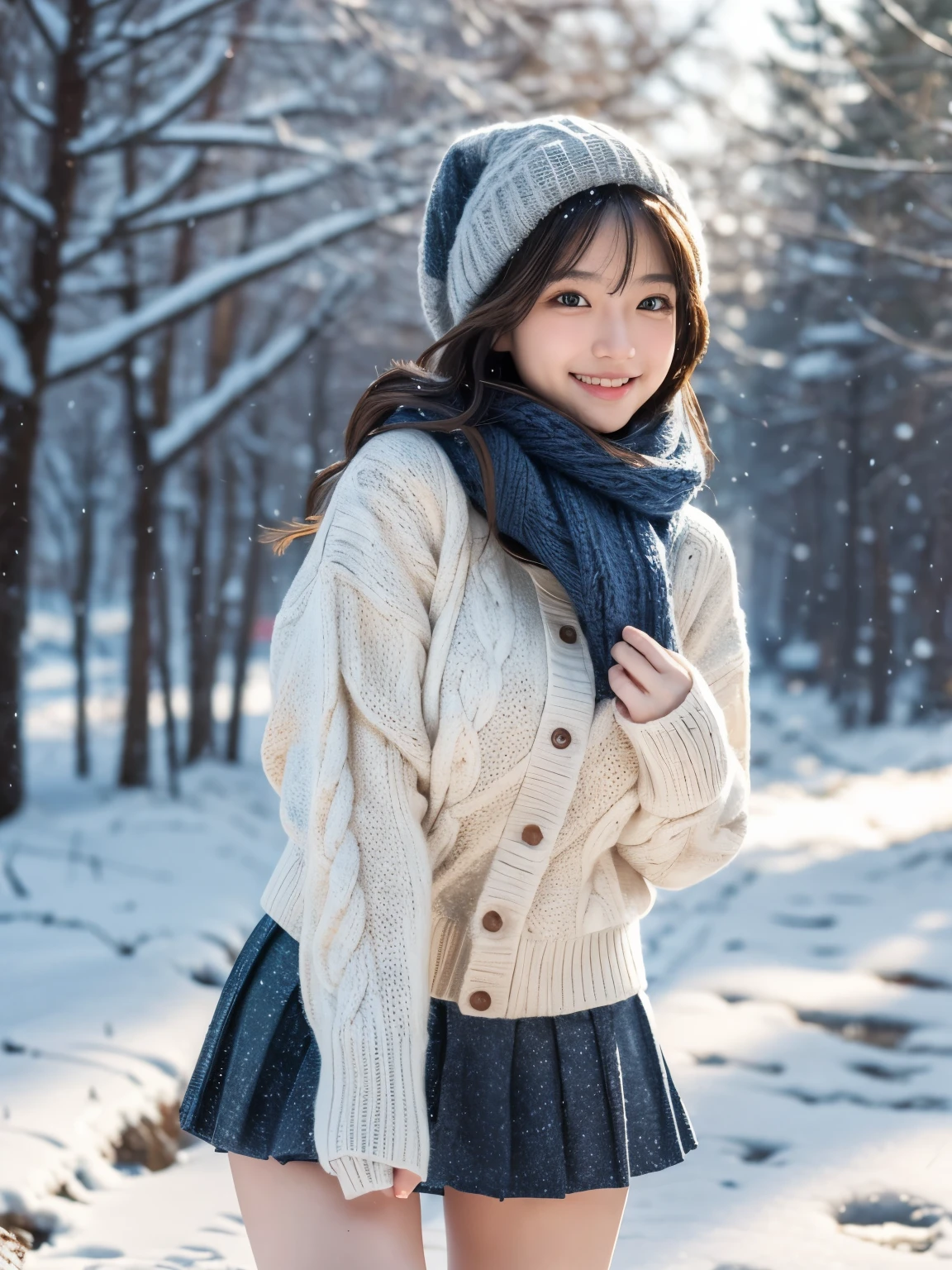(masutepiece:1.3, Photorealsitic:1.4, 8K), top-quality, masterpiece, 超A high resolution, Perfect dynamic composition, Highly detailed skin and facial texture:1.3, A detailed eye, Detailed limbs, Winters, (snowflakes falling:1.2), Snowfall landscape at night:1.2, 1girl in, Cute sexy 25 year old slim woman, Fair skin, (Snow fell on my body and clothes:1.2), ((A smile:0.9, Totally captivates you:1.0)), (Chunky short jacket over blue long sleeve shaggy knit sweater:1.35, Tweed Mini Skirt:1.1), ((voluptuous breasts:1.1)), Short boots, (Facing the front, Frolic Pose), (Beautiful blue eyes, Eyes that feel beautiful eros:0.85), Sexy face:0.4, (A mouthfeel that feels beautiful eros:0.85), ((Perfect and ultimate cuteness:0.9))