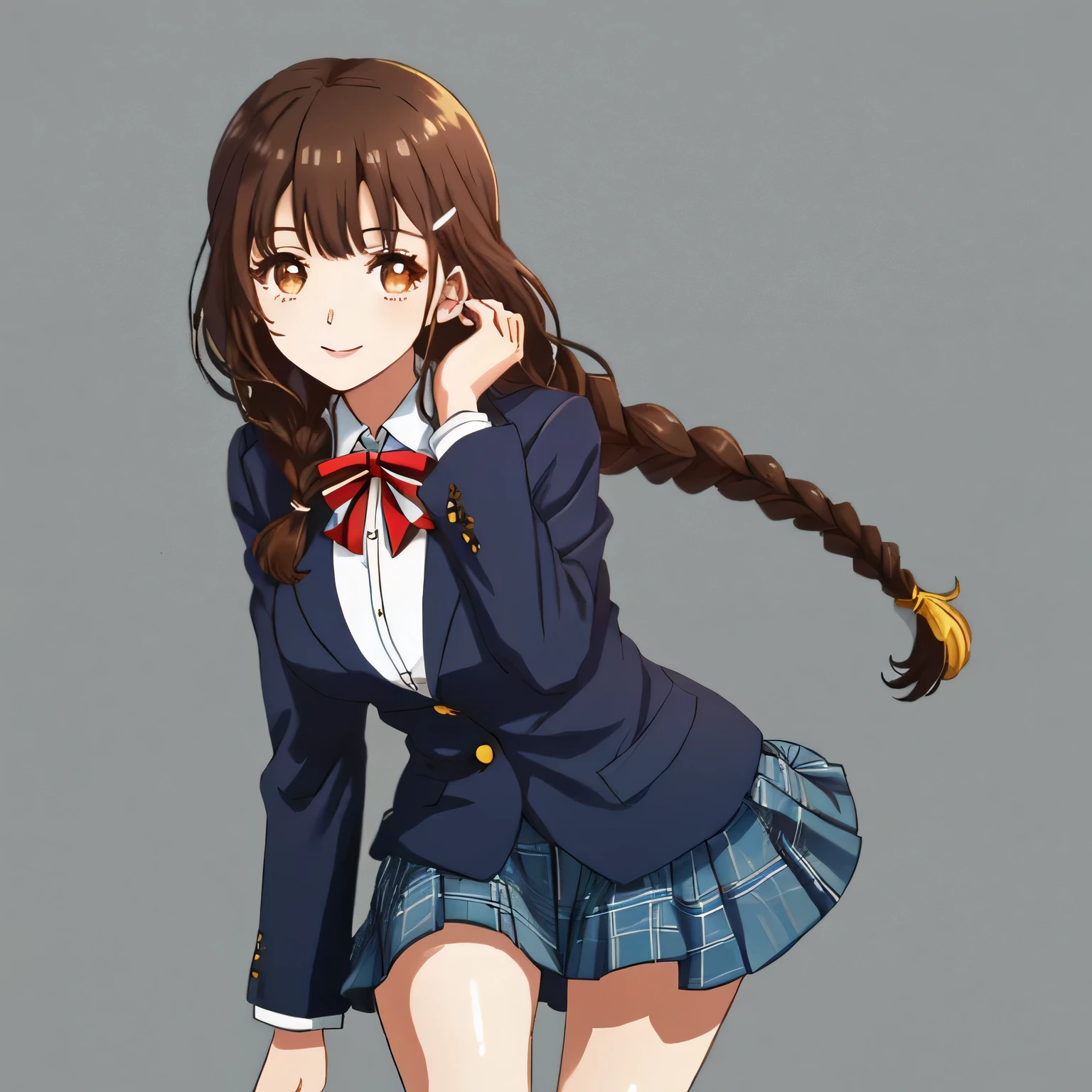 highest quality, (masterpiece:1.2), very detailed, Standing figure of a girl looking at the viewer and smiling, Glossy lips that make you want to kiss, nice smile, brown eyes, (((dark brown hair))), 15 years old, long braids, big shiny hair clip, school uniform, Dark blue and navy plaid skirt, middle long skirt, white shirt, A luxurious navy blazer with a golden emblem on the left chest, big school ribbon tie, Plumpy lipouth is open, very shiny hair、laughter、bright look、The light makes my face and hair shine, The corners of the eyes are drooping, cute braids, I'm so happy I can jump up, The expression of a maiden in love, (((twin braid hair))), The long skirt fabric has a beautiful deep blue checkered pattern., A shy expression staring at the viewer, double eyelid, ((long eyelashes)), ((Long lower eyelashes too)) ((the knees are hidden by the skirt)), A shy and timid girl, blurred background