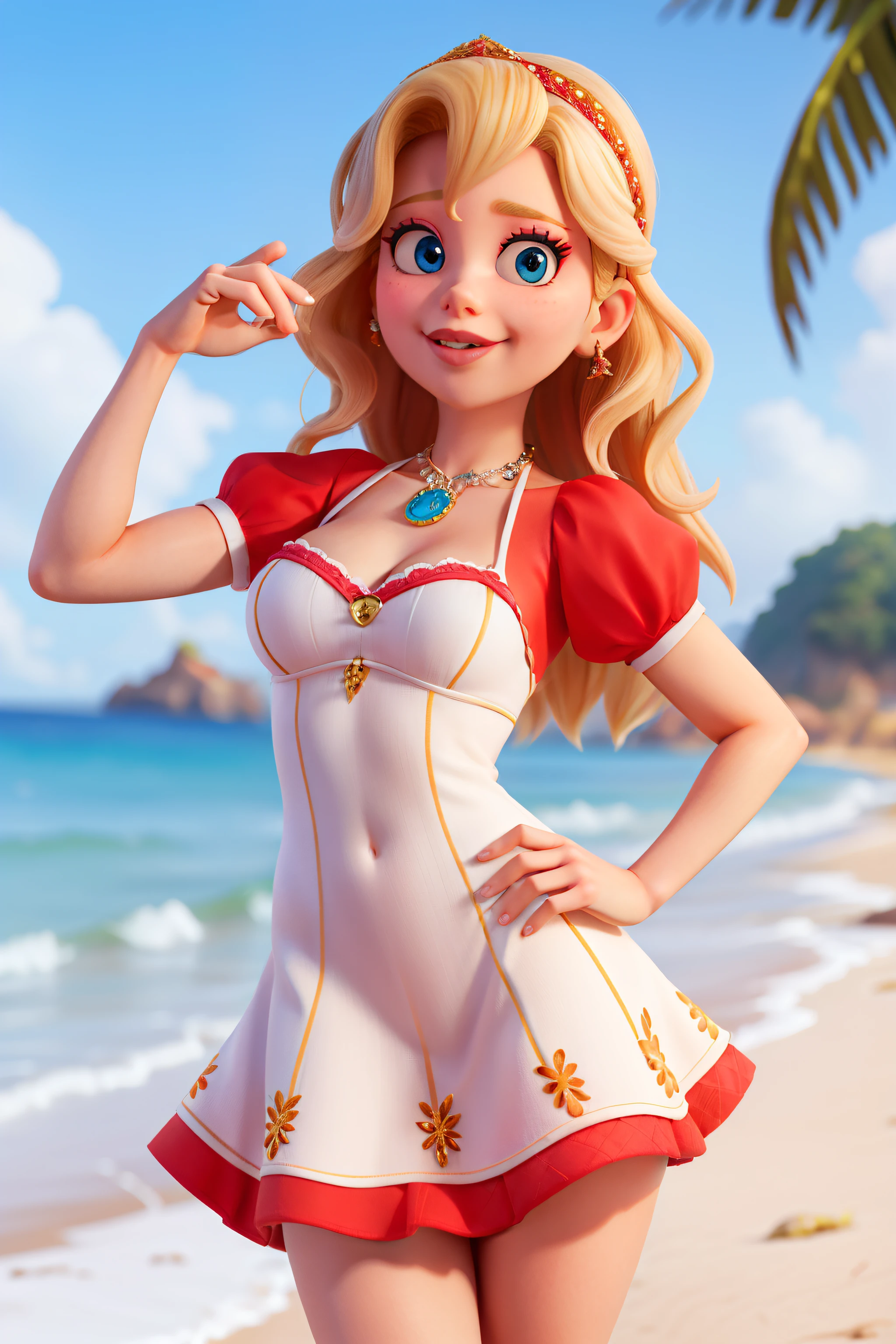 blonde, beach, bikini, split, conceited, pink dress, Red lipstick, big lips, cheerful character in Disney Pixar style