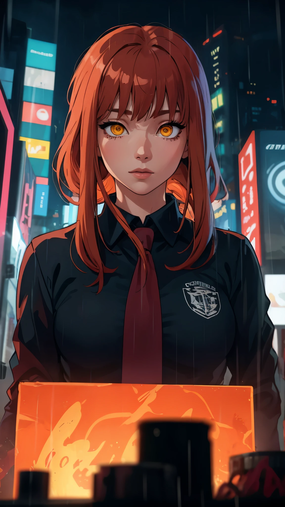 soft and warm color, movie still,bright,vivid,dreamy,evocative use of light and shadow, incredible beauty,anime style,vibrant,beautiful,textural,(((masterpiece))),(((best quality))),((ultra-detailed)),impeccable, intricate details, 1girl, makima, long hair, red hair, yellow eyes, ringed eyes, (white polo long sleeve, red necktie), you look calm scene, you look calm ,blade runner 2049, night, city, dark, calm, calm, portrait, upper-body, bladerunner 2049, rain, blur background