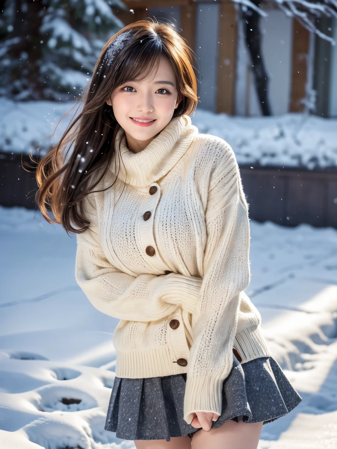 (masutepiece:1.3, Photorealsitic:1.4, 8K), top-quality, ​masterpiece, 超A high resolution, Perfect dynamic composition, Highly detailed skin and facial texture:1.3, A detailed eye, Detailed limbs, Winters, (snowflakes falling:1.2), Snowfall landscape at night:1.2, 1girl in, Cute sexy 25 year old slim woman, Fair skin, (Snow fell on my body and clothes:1.2), ((A smile:0.9, Totally captivates you:1.0)), (Chunky short jacket over yellow long sleeve shaggy knit sweater:1.35, Tweed Mini Skirt:1.1), ((voluptuous breasts:1.1)), Short boots, (Facing the front, Frolic Pose), (Beautiful blue eyes, Eyes that feel beautiful eros:0.85), Sexy face:0.4, (A mouthfeel that feels beautiful eros:0.85), ((Perfect and ultimate cuteness:0.9))
